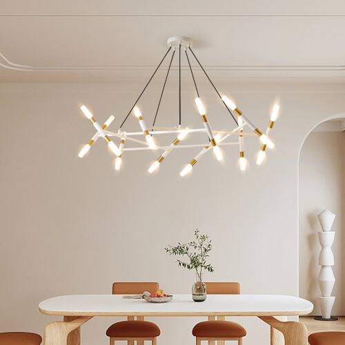 Front. LUCKY ONE - 41in Hanging Branch Chandelier, 20-Light White Gold Modern Pendant for Dining Room Kitchen Island - White.