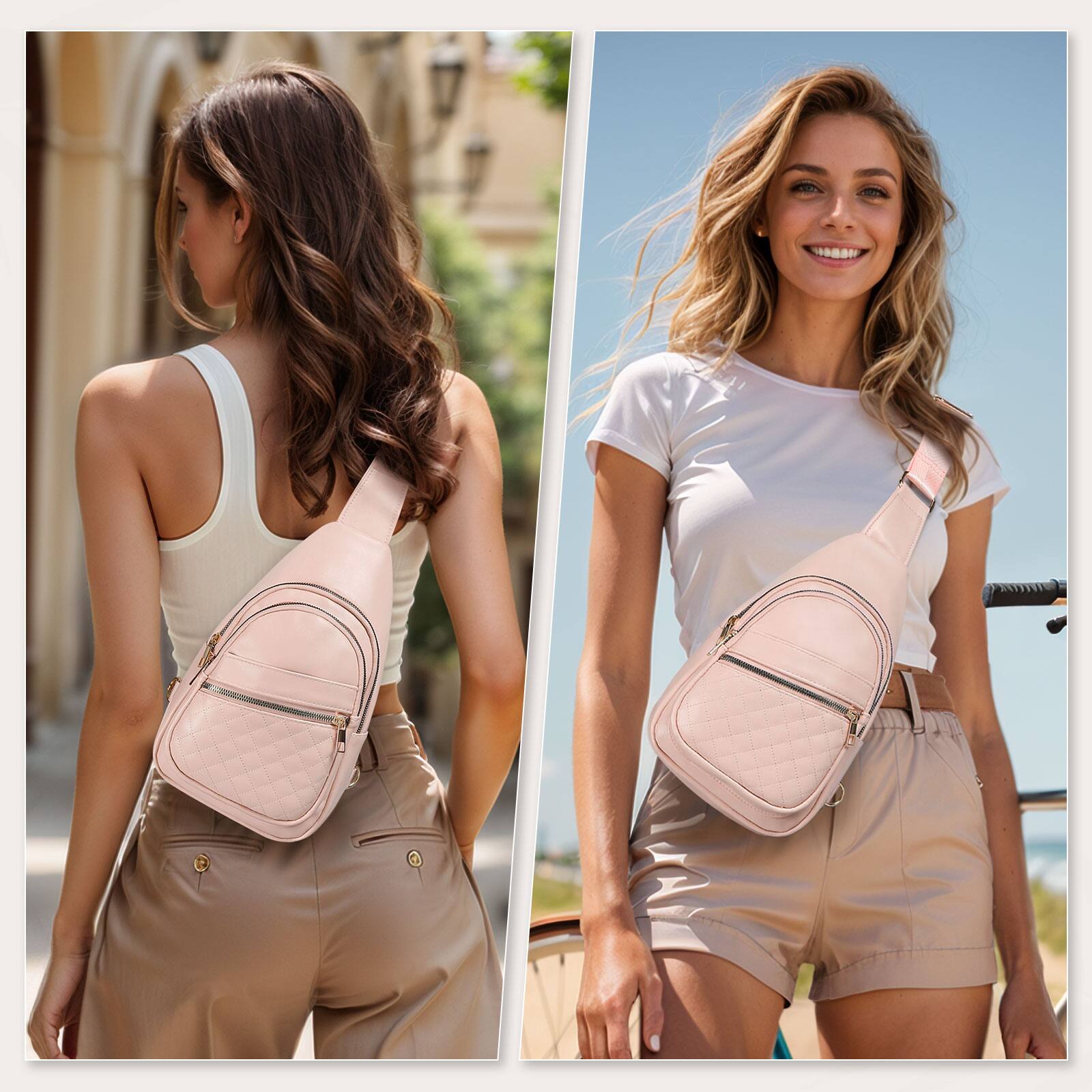 Alt View 1. Unique Bargains - Crossbody Bags for Women Men Leather Sling Bag Cross Body Backpack for Women Casual Chest Bag Daypack for Travel Hiking - Pink.