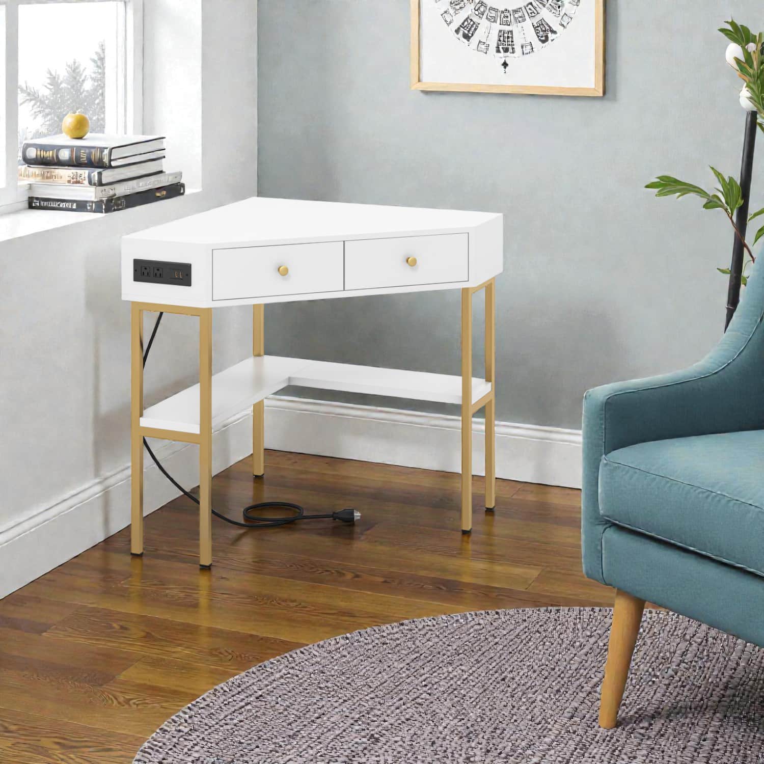 Hivvago - Compact Triangle Workstation with Integrated Charging, Drawers, and Shelf - White