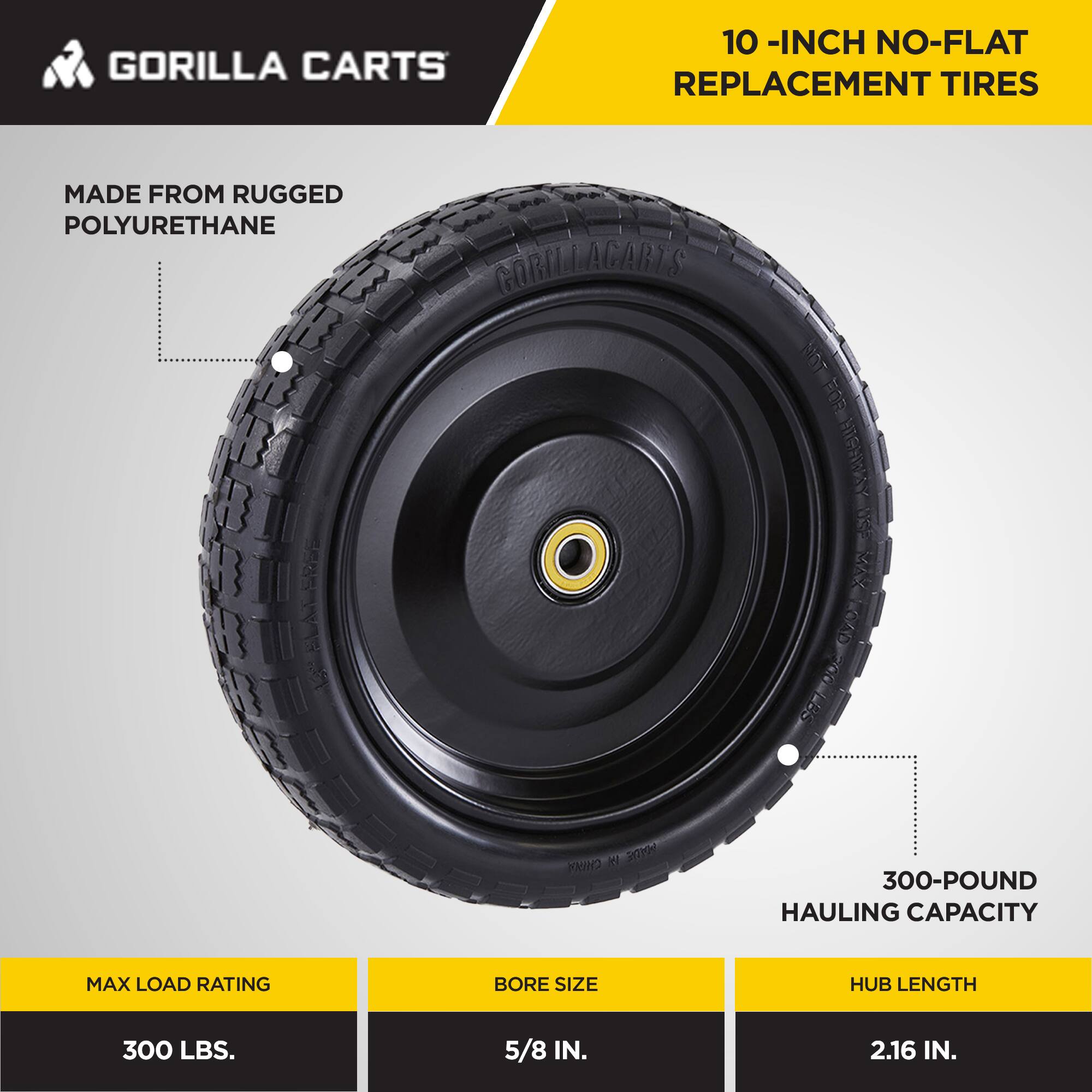 GORILLA CARTS  
10-INCH NO-FLAT REPLACEMENT TIRES  
MADE FROM RUGGED POLYURETHANE  

MAX LOAD RATING: 300 LBS.  
BORE SIZE: 5/8 IN.  
HUB LENGTH: 2.16 IN.  

300-POUND HAULING CAPACITY