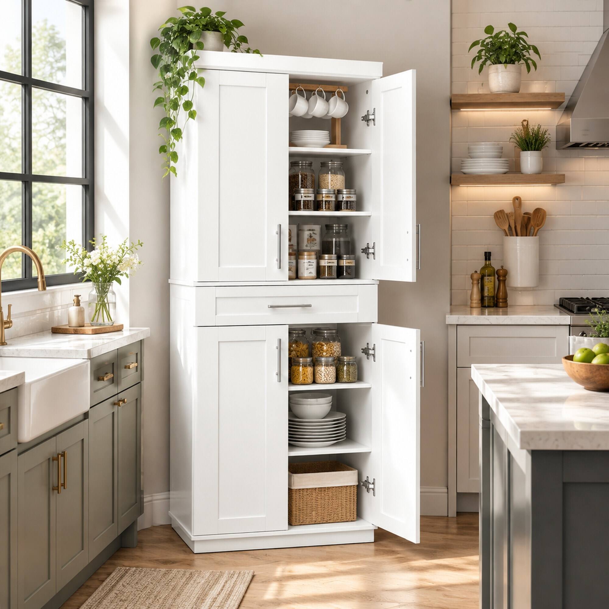 Angle. RYHNUYNE - Freestanding Tall Storage Cabinet, Spacious Kitchen Pantry Cabinet with Doors, Space Saving - White.