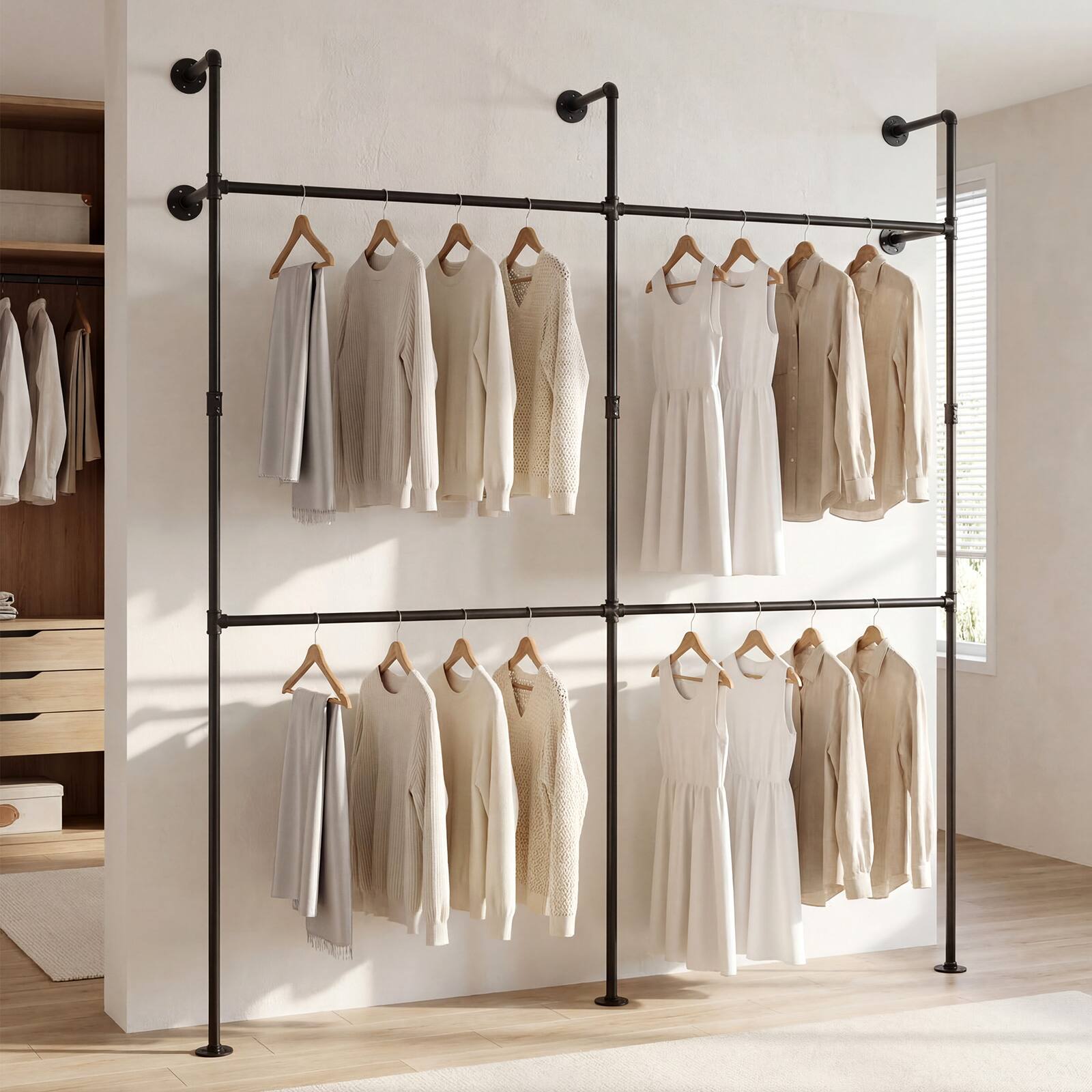 Alt View 3. Gymax - Gymax Industrial Pipe Clothing Rack Wall Mounted Heavy-Duty Metal Garment Organizer - Black.