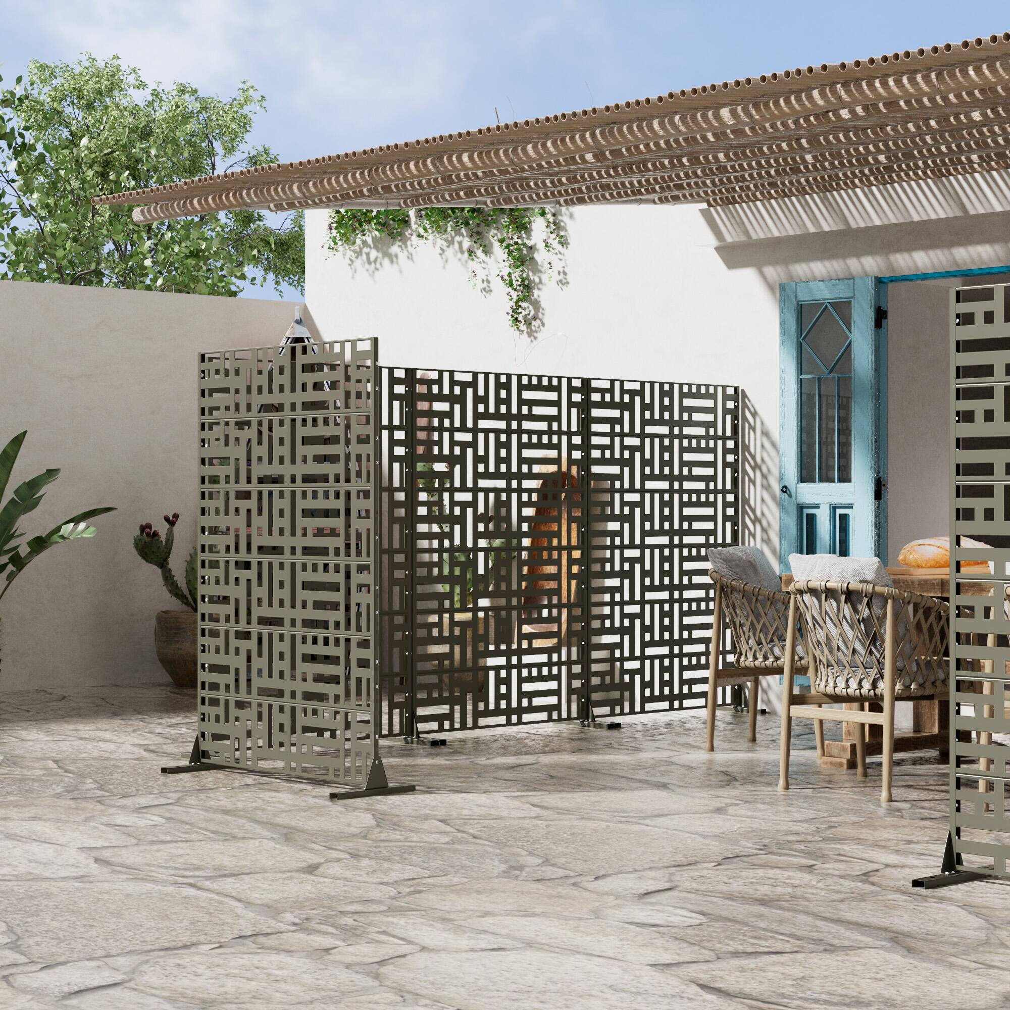 Alt View 2. PexFix - 72 in. x 47 in. Helen Pattern Metal Outdoor Privacy Screen & Panels, Freestanding Garden Divider Fence - Olive Gray.