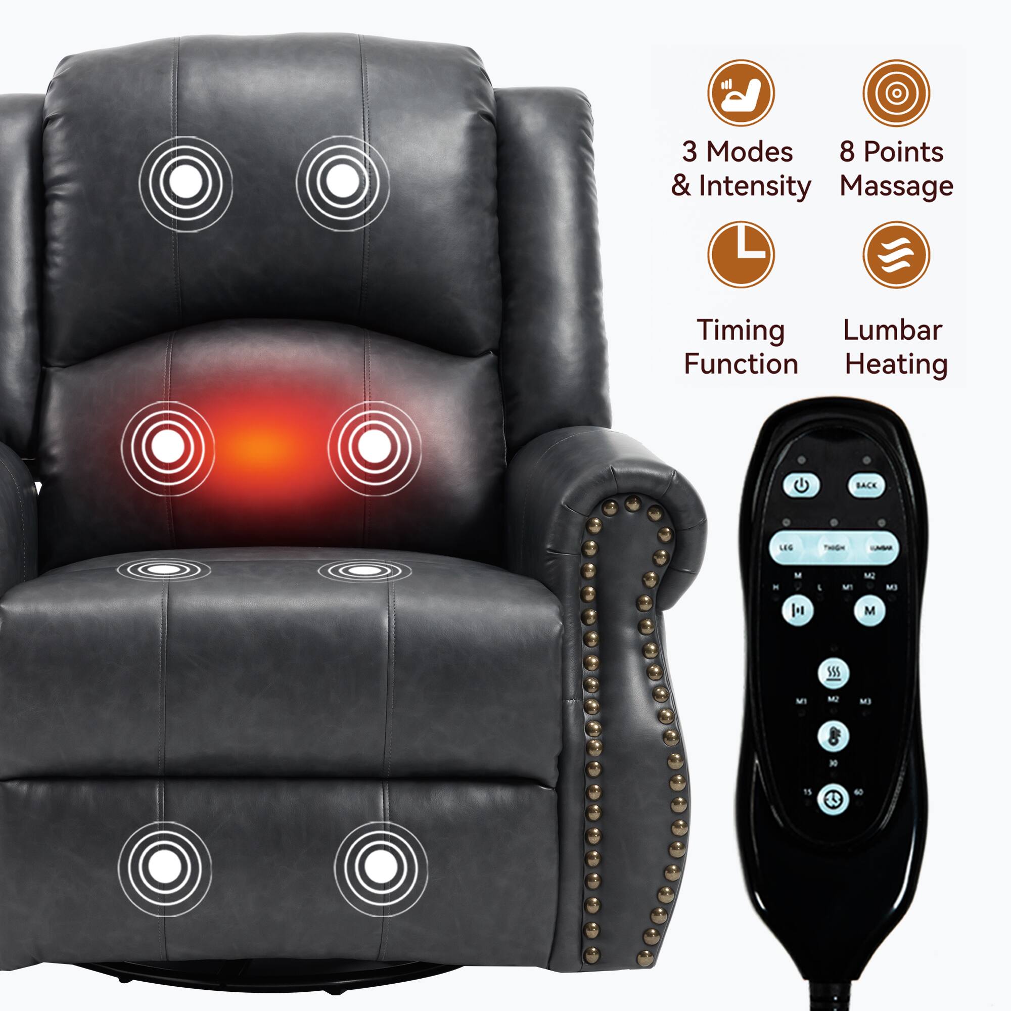 3 Modes & Intensity  
8 Points Massage  
Timing Function  
Lumbar Heating