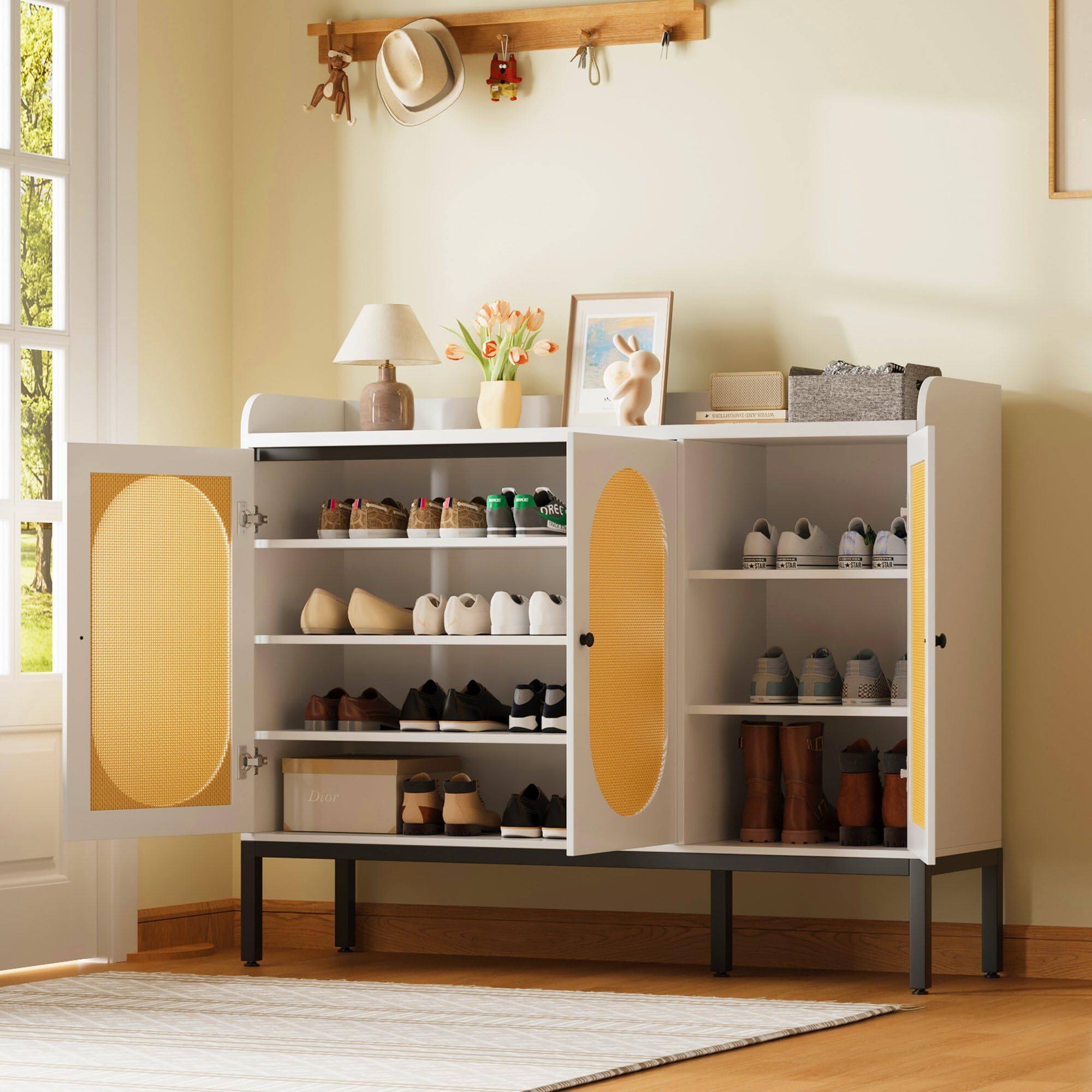 Angle. Babevy - Rattan Shoe Cabinet with 3 Doors & Adjustable Shelves, 8-Tier Large Shoe Storage for Entryway or Living Room - White.