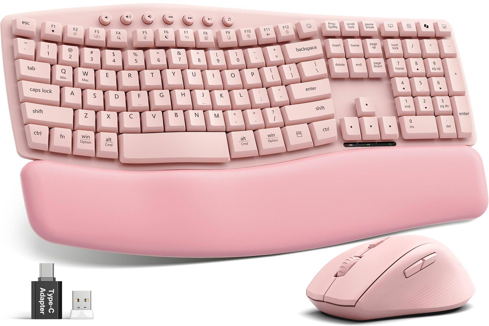 PRIMEPLUS - Wireless Keyboard & Mouse Combo, 30dB Quiet Ergonomic Keys & Palm Rest, Dual-System for Mac/Windows - Pink