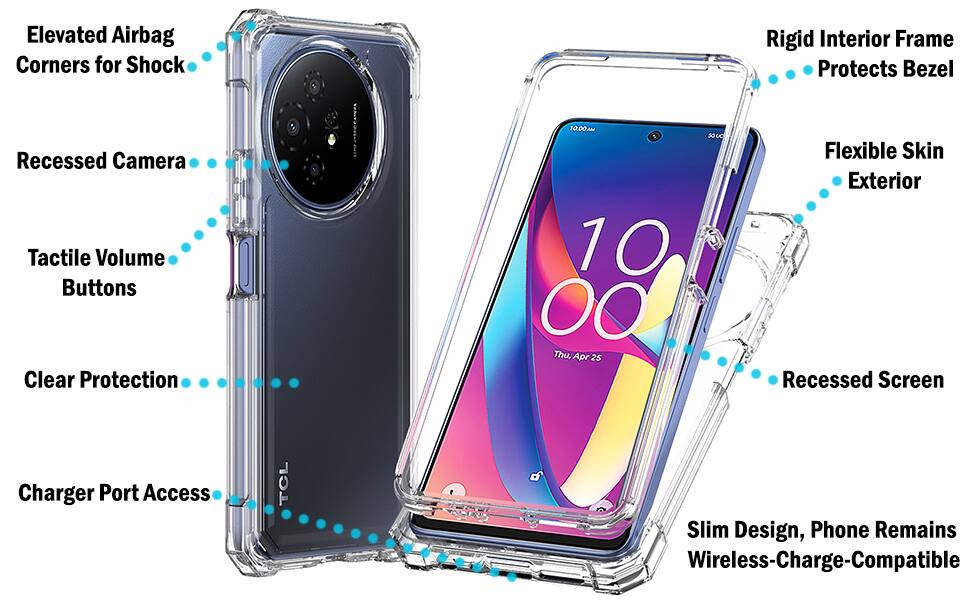 Elevated Airbag Corners for Shock  
Rigid Interior Frame Protects Bezel  
Recessed Camera  
Tactile Volume Buttons  
Clear Protection  
Charger Port Access  
Flexible Skin Exterior  
Recessed Screen  
Slim Design, Phone Remains Wireless-Charge-Compatible