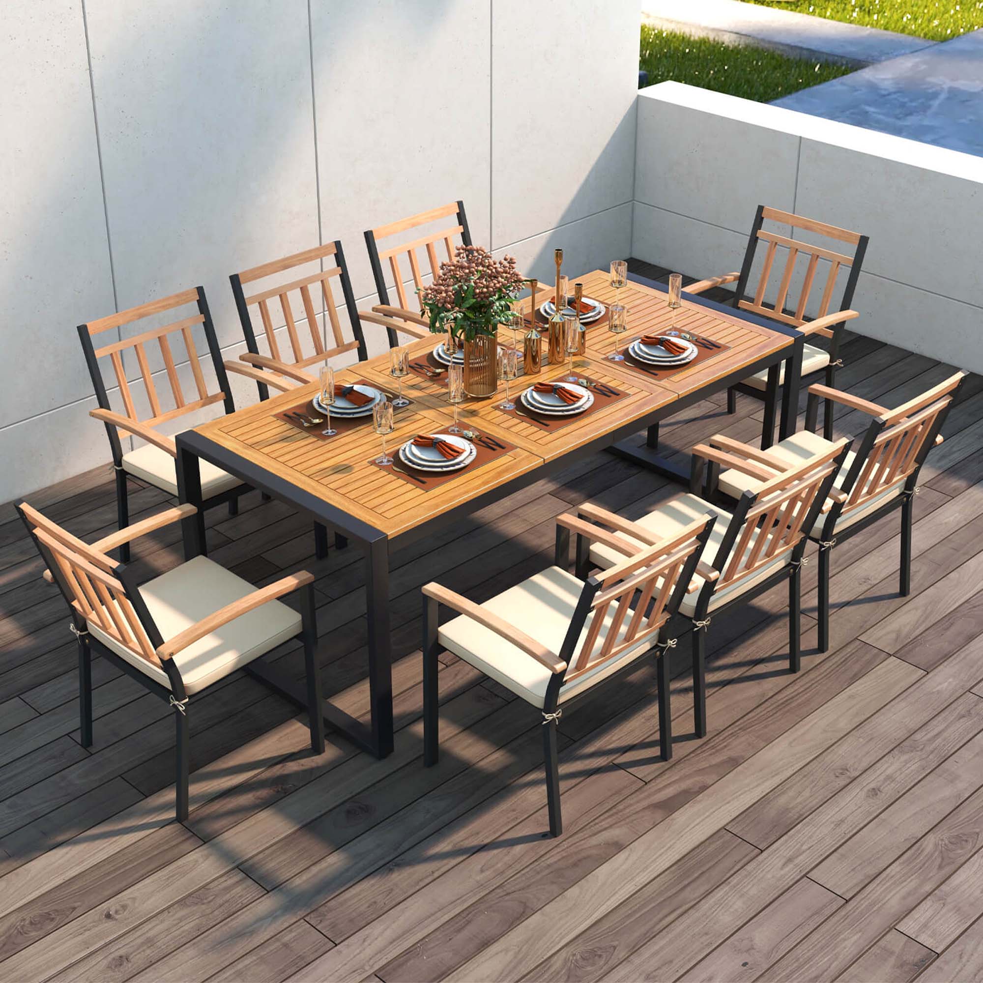 Alt View 1. Costway - 9 Pieces Patio Dining Set with Soft Cushions and 1.9" Umbrella Hole for Garden - Natural and Black.
