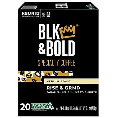 KEURIG  
GENUINE K-CUP PODS  

BLK & BOLD  
SPECIALTY COFFEE  

MEDIUM ROAST  
RISE & GRND  
CARAMEL, LEMON, NUTTY, SMOOTH  

20 K-CUP PODS  
0.40 OZ (11.5g) EACH  
NET WT 8 OZ (230g)  

RECYCLABLE