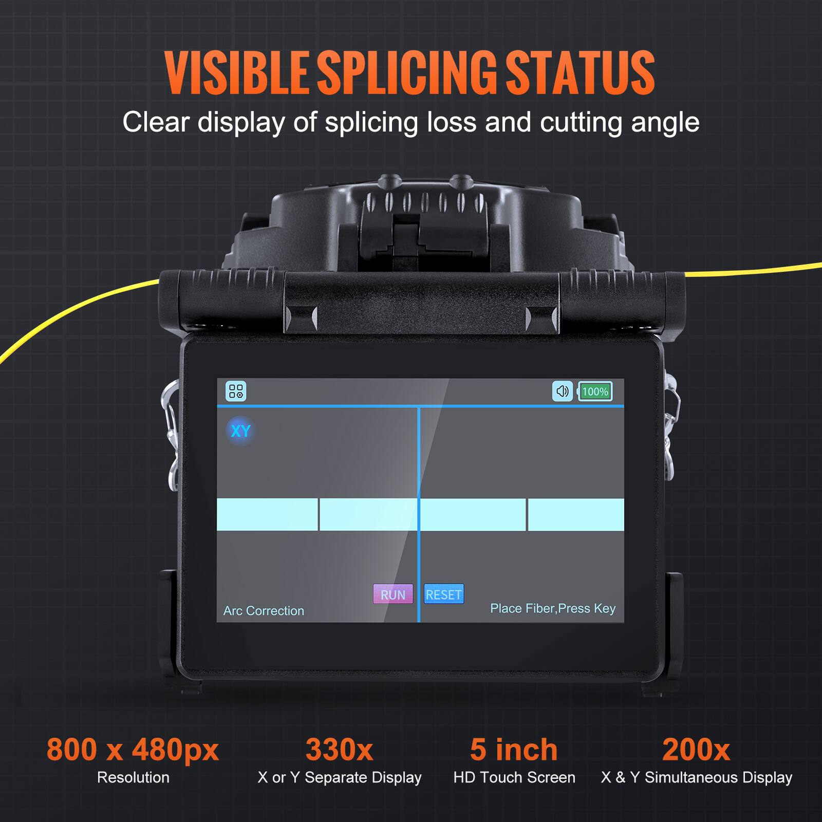 VISIBLE SPLICING STATUS  
Clear display of splicing loss and cutting angle  

800 x 480px Resolution  
330x X or Y Separate Display  
5 inch HD Touch Screen  
200x X & Y Simultaneous Display  

Arc Correction  
RUN RESET  
Place Fiber, Press Key