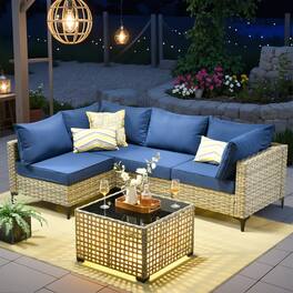 Ovios - 5 PCS Sectional Patio Furniture Set Outdoor Rattan Comfy Sofa with Coffee Table for Garden - Navy Blue