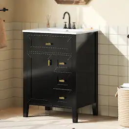 Loheer - 24 inch bathroom vanity with sink, MDF and Rubberwood, 3 Drawers - Black