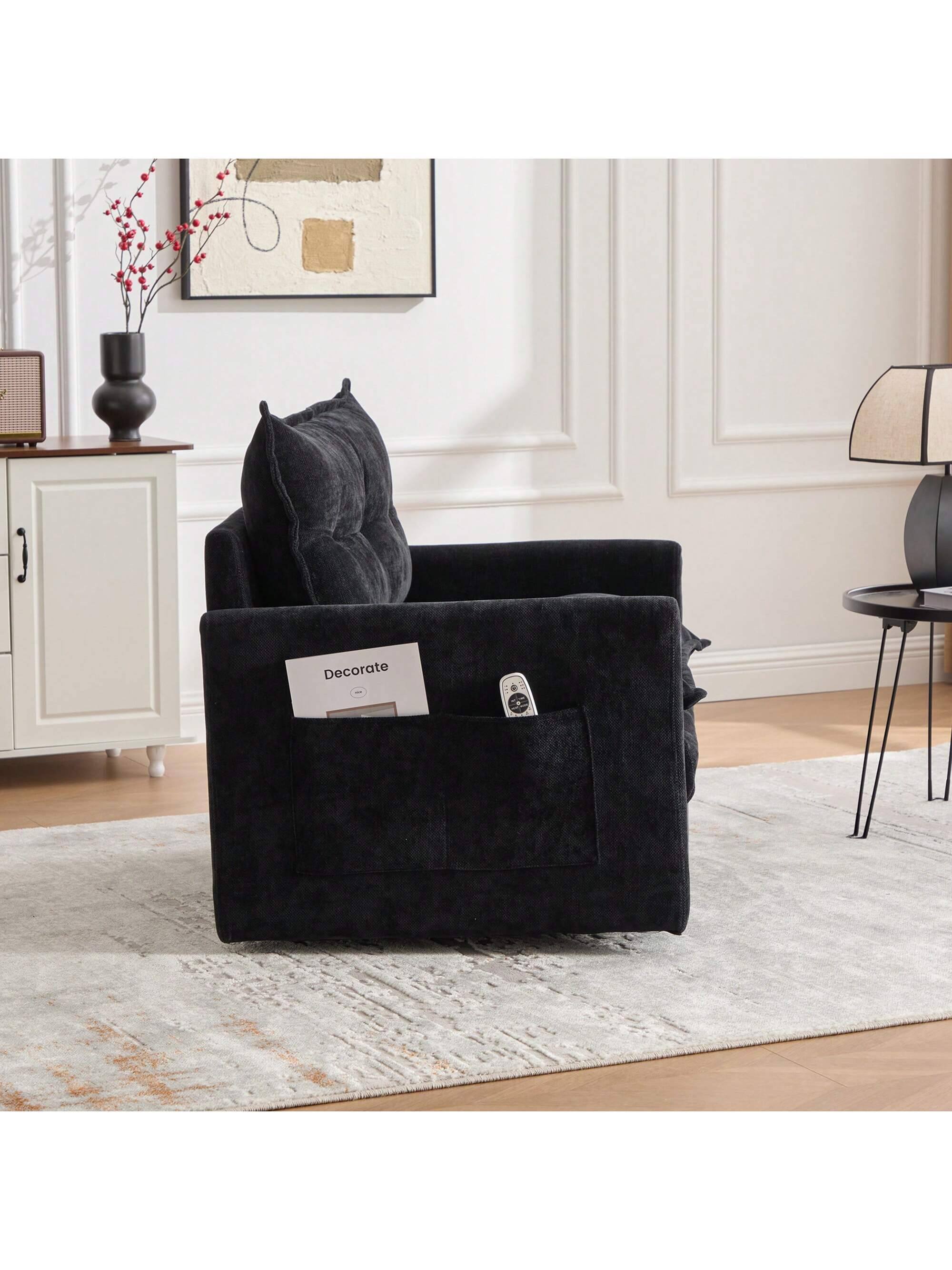 Back. Trinkets Crazed - Swivel Barrel Chair, Mid Century Modern Chair, Thick Padded Arm Chair with Solid Metal Base - Black.