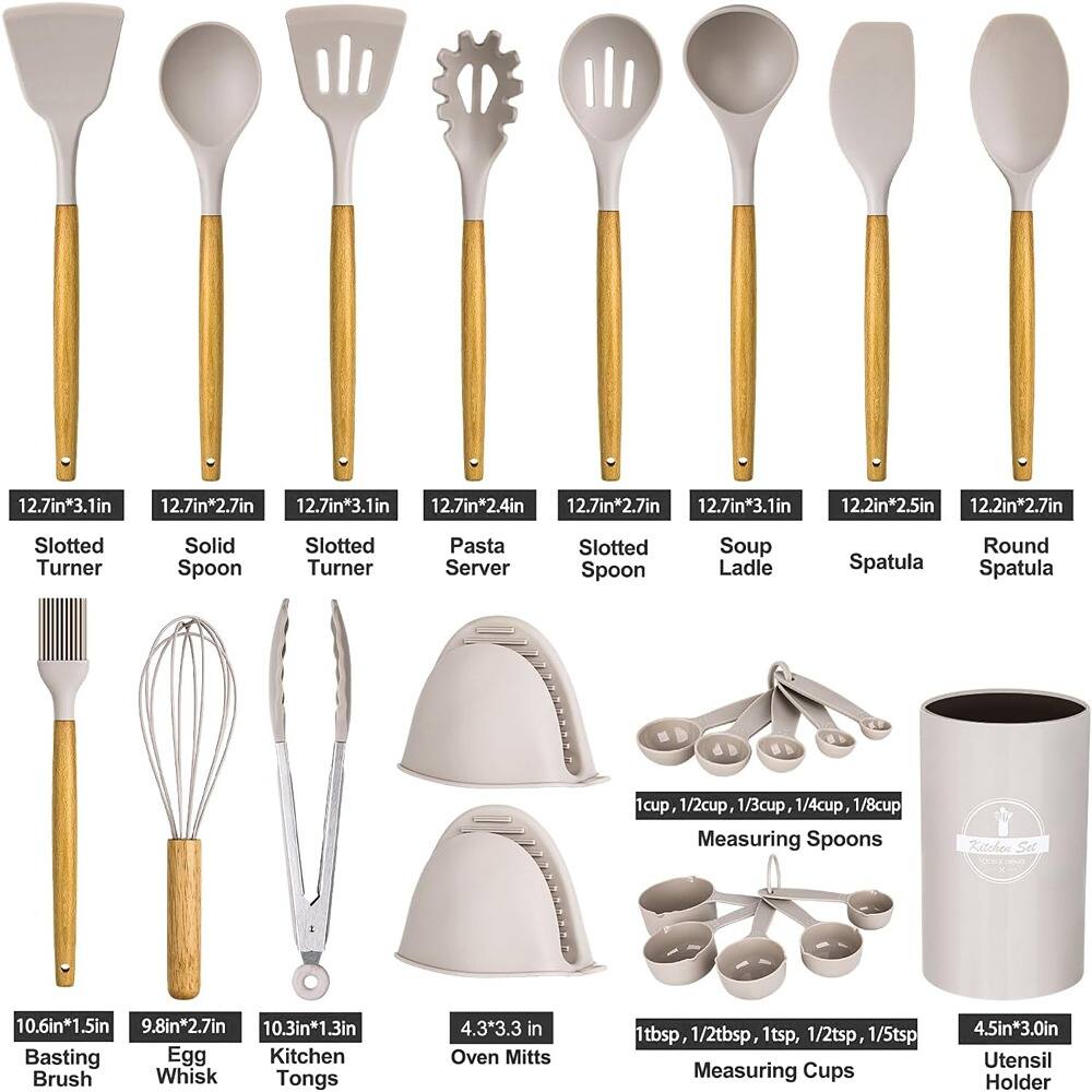 Sure, here is the corrected and grouped text:

**Utensils:**
- 12.7in*3.1in Slotted Turner
- 12.7in*2.7in Solid Spoon
- 12.7in*3.1in Slotted Turner
- 12.7in*2.4in Pasta Server
- 12.7in*2.7in Slotted Spoon
- 12.7in*3.1in Soup Ladle
- 12.2in*2.5in Kitchen Spatula
- 12.2in*2.7in Round Spatula

**Measuring Spoons:**
- 1cup, 1/2cup, 1/3cup, 1/4cup, 1/8cup

**Other Utensils:**
- 10.6in*1.5in Basting Brush
- 9.8in*2.7in Egg Whisk
- 10.3in*1.3in Kitchen Tongs
- 4.3*3.3 in Oven Mitts

**Measuring Cups:**
- 
