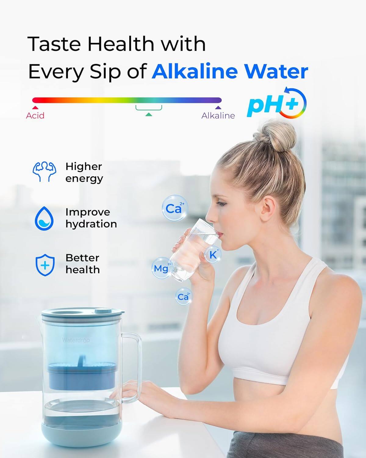 Taste Health with Every Sip of Alkaline Water

pH + Acid Alkaline

Higher energy
Improve hydration
Better health

Ca²⁺
Mg²⁺
K⁺
Ca²⁺

Waterdrop