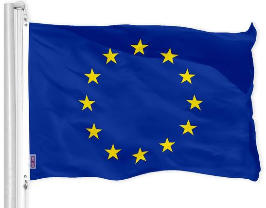 Front. G128 - European Union (EU) Flag, 3 x 5 ft 150D Polyester with Brass Grommets, Indoor/Outdoor. - Assorted Colors.