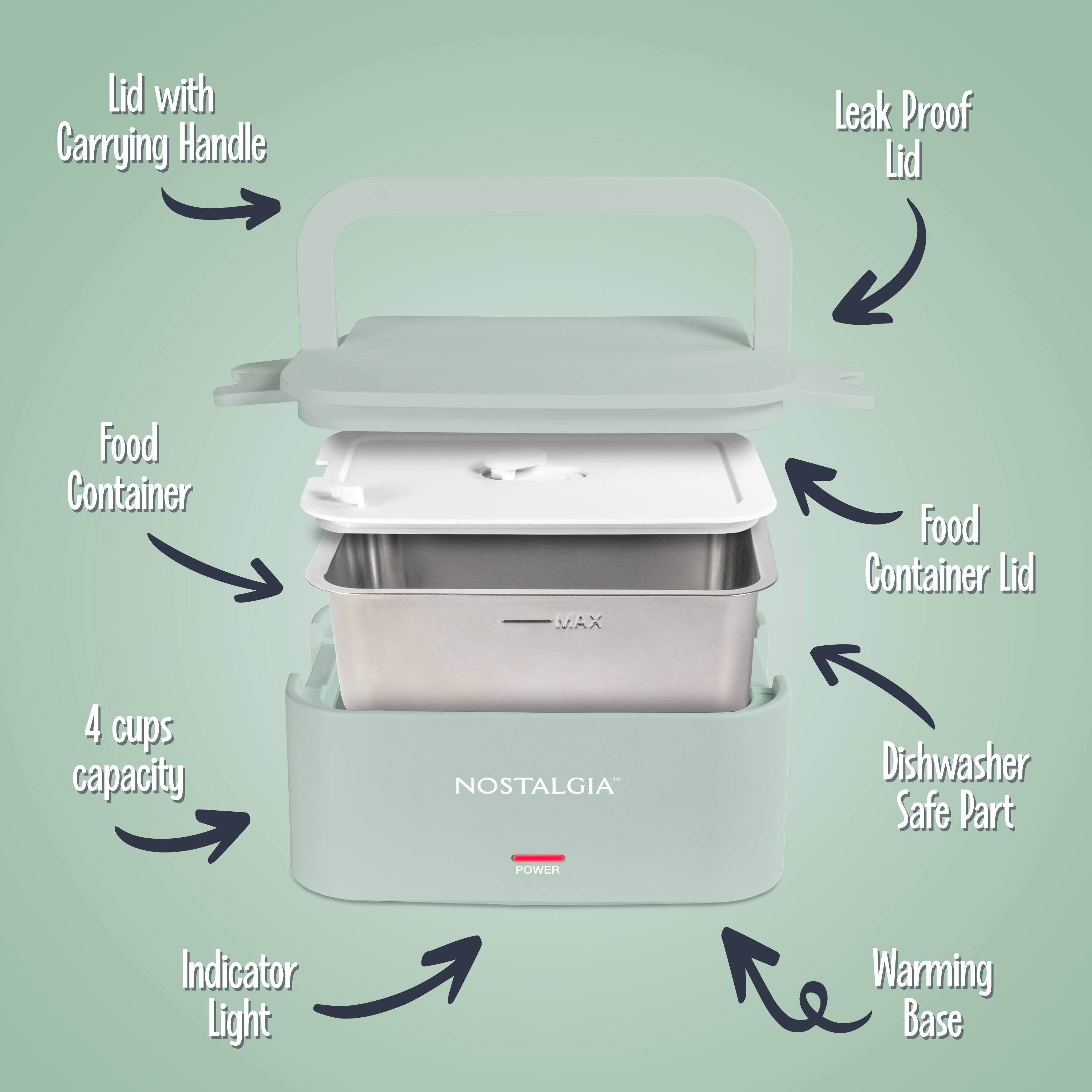 Lid with Carrying Handle  
Leak Proof Lid  
Food Container  
Food Container Lid  
4 cups capacity  
Dishwasher Safe Part  
Indicator Light  
Warming Base  
NOSTALGIA