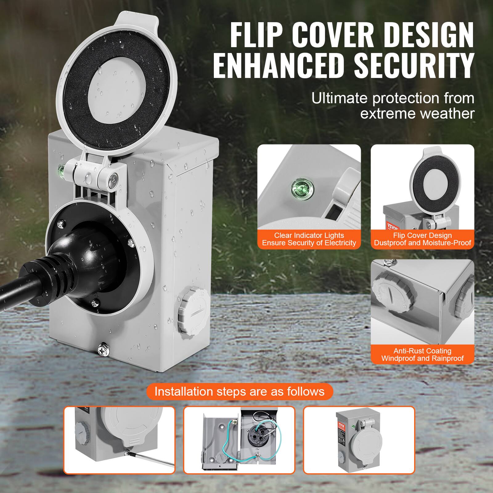 **FLIP COVER DESIGN ENHANCED SECURITY**

Ultimate protection from extreme weather

- Clear Indicator Lights
  - Ensure Security of Electricity

- Flip Cover Design
  - Dustproof and Moisture-Proof

- Anti-Rust Coating
  - Windproof and Rainproof

Installation steps are as follows