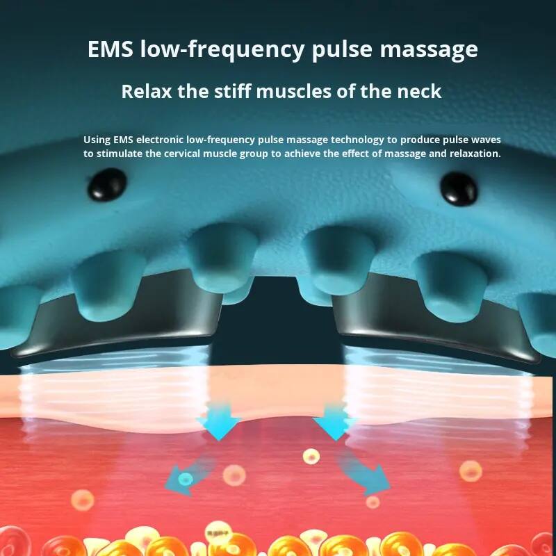 EMS low-frequency pulse massage  
Relax the stiff muscles of the neck  

Using EMS electronic low-frequency pulse massage technology to produce pulse waves to stimulate the cervical muscle group to achieve the effect of massage and relaxation.