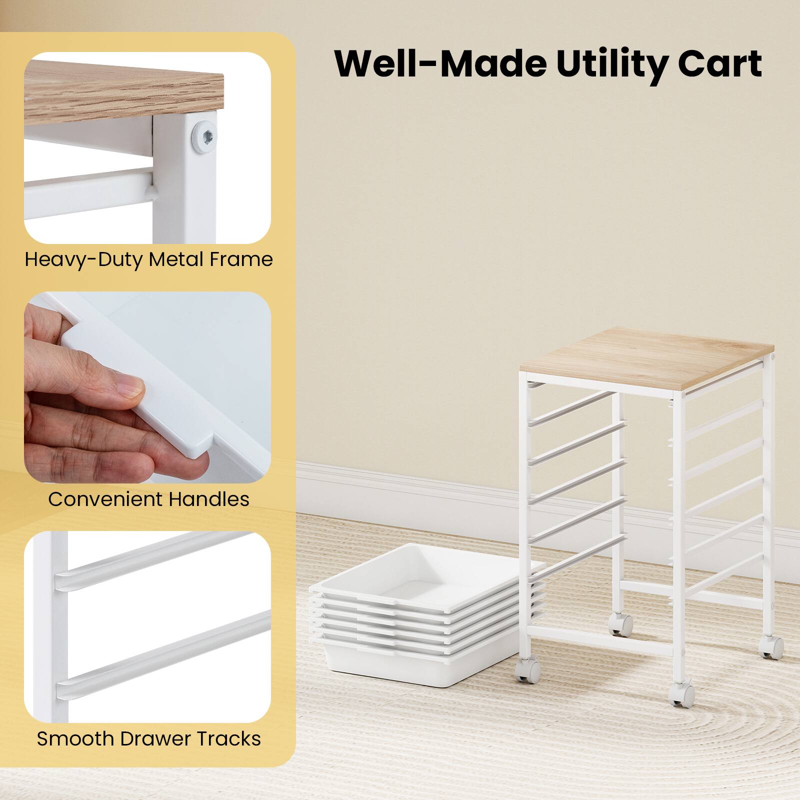 Well-Made Utility Cart

- Heavy-Duty Metal Frame
- Convenient Handles
- Smooth Drawer Tracks