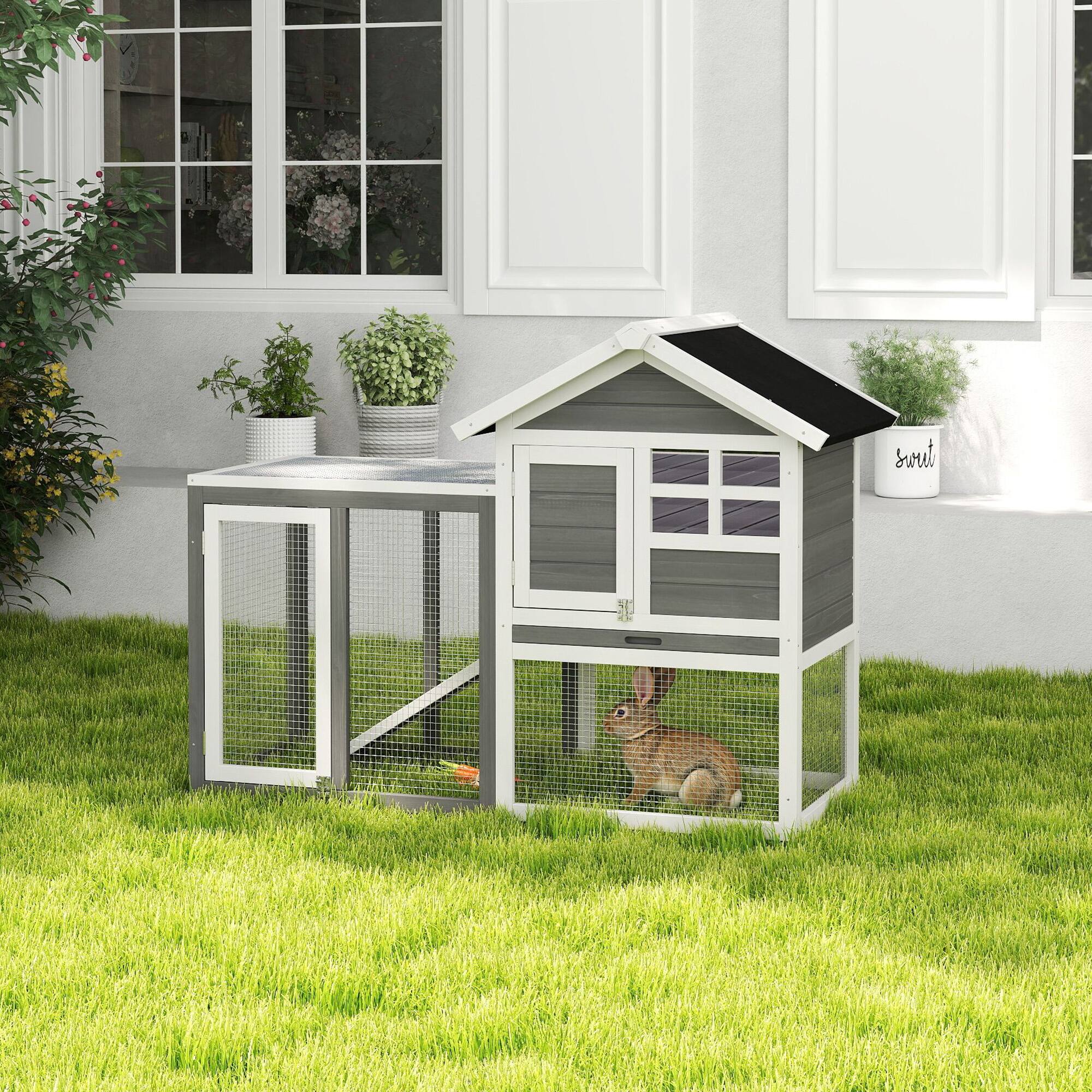 Alt View 1. Pawhut - 49" Weatherproof Wooden Rabbit Hutch with Slanted Asphalt Roof & Fun Outdoor Run for Bunnies & Ferrets -.