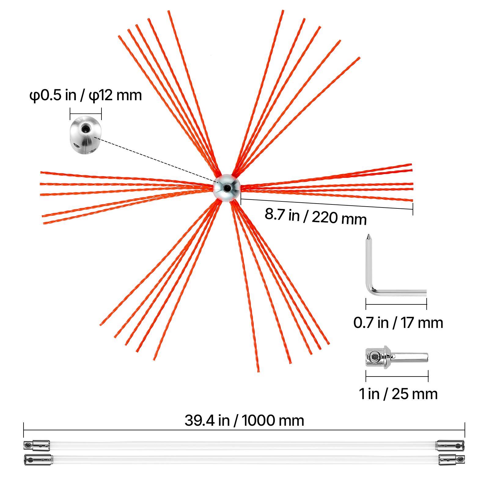 - φ0.5 in / φ12 mm
- 8.7 in / 220 mm
- 0.7 in / 17 mm
- 1 in / 25 mm
- 39.4 in / 1000 mm
