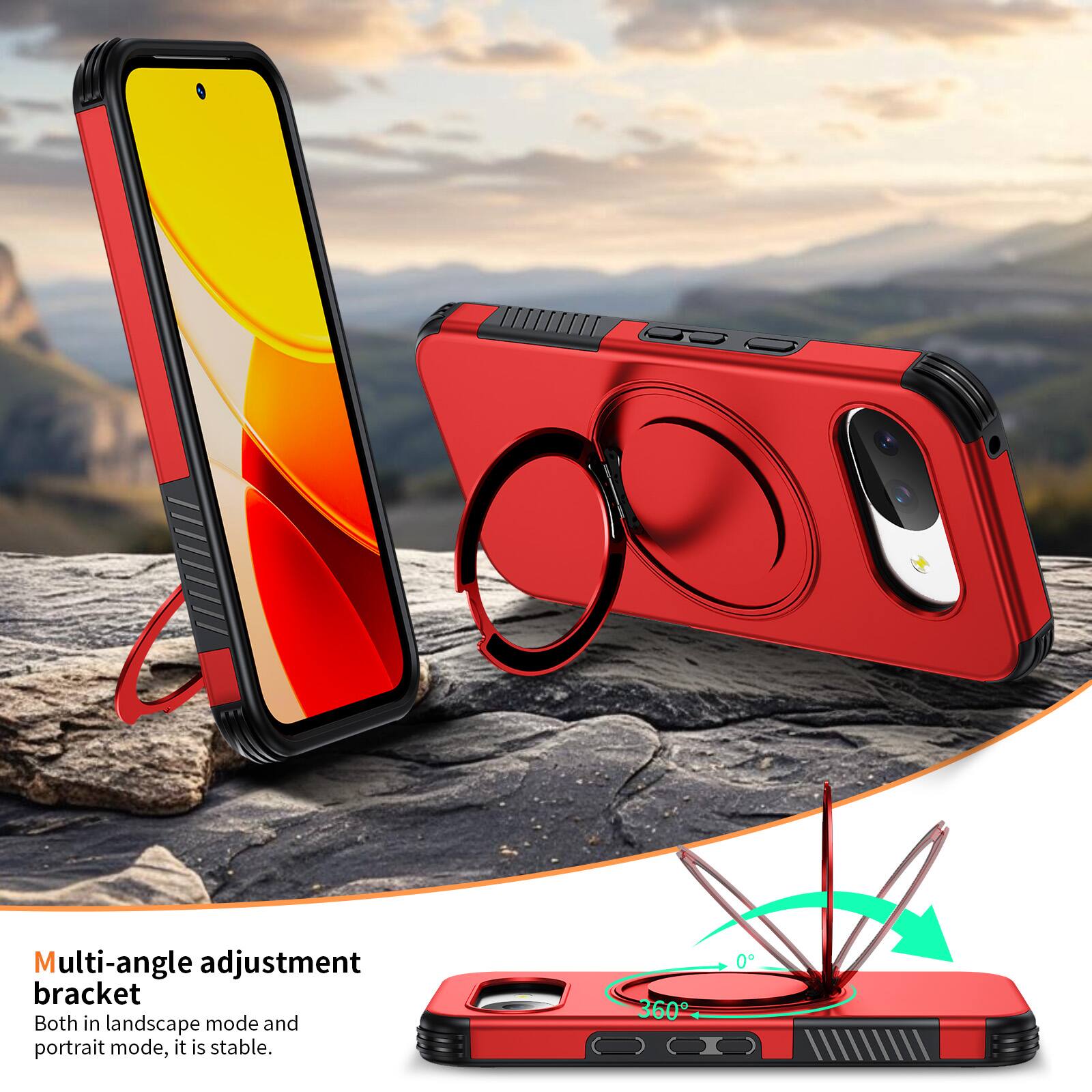 Multi-angle adjustment bracket  
Both in landscape mode and portrait mode, it is stable.  
360°