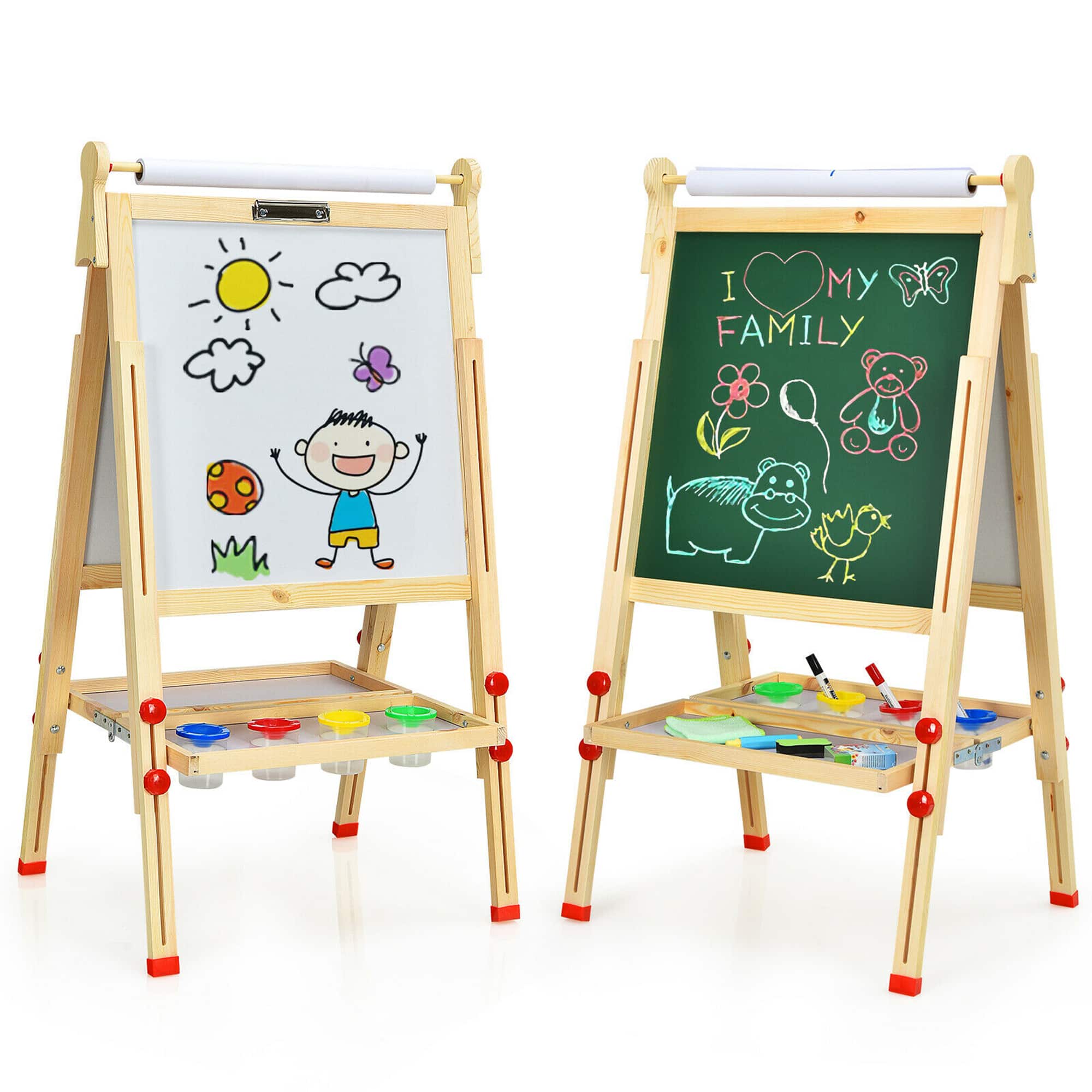 Gymax - Kids Art Easel w/Paper Roll Double-Sided Adjustable Drawing Easel Board - Nature Color