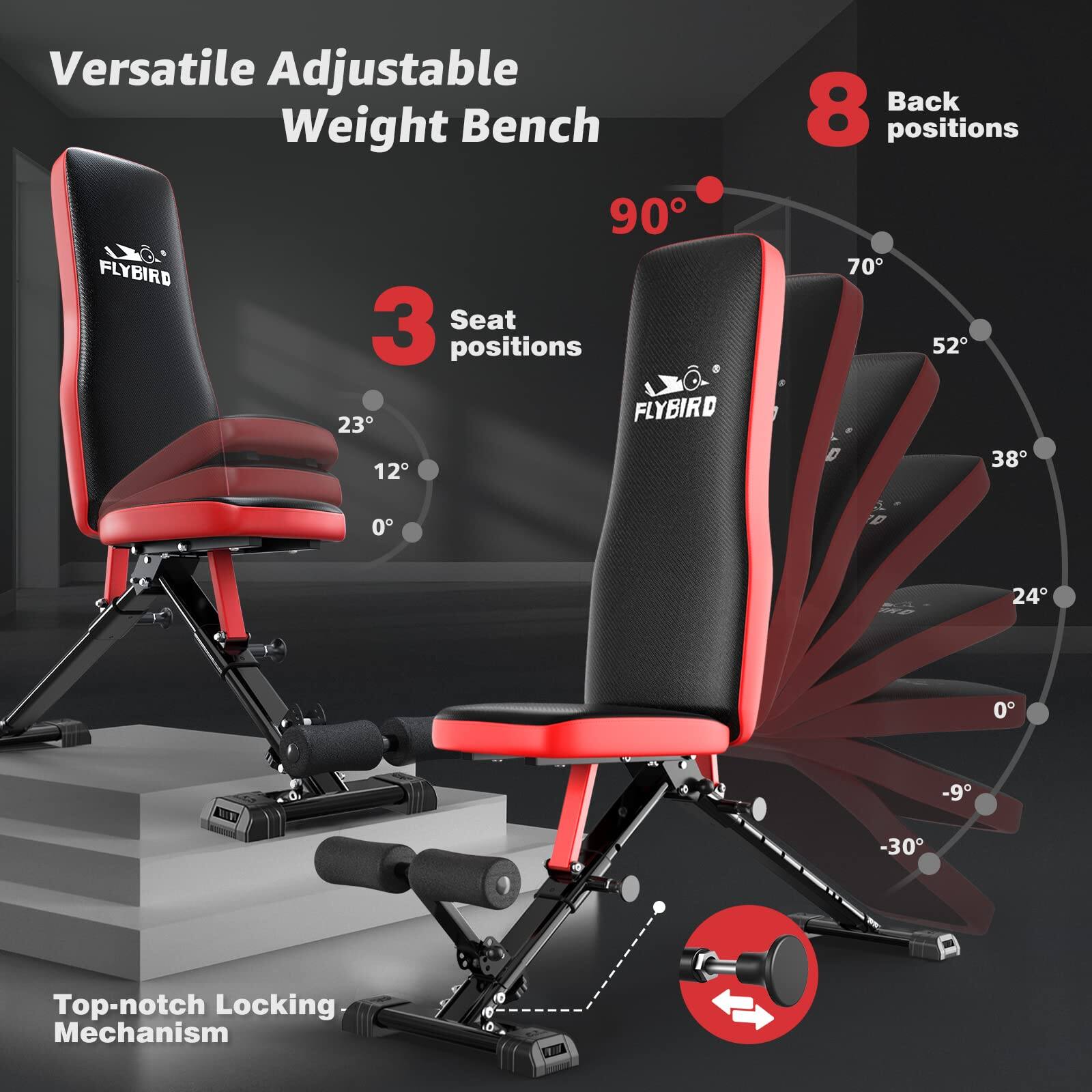 Versatile Adjustable Weight Bench  
FLYBIRD  
3 Seat positions  
8 Back positions  
Top-notch Locking Mechanism