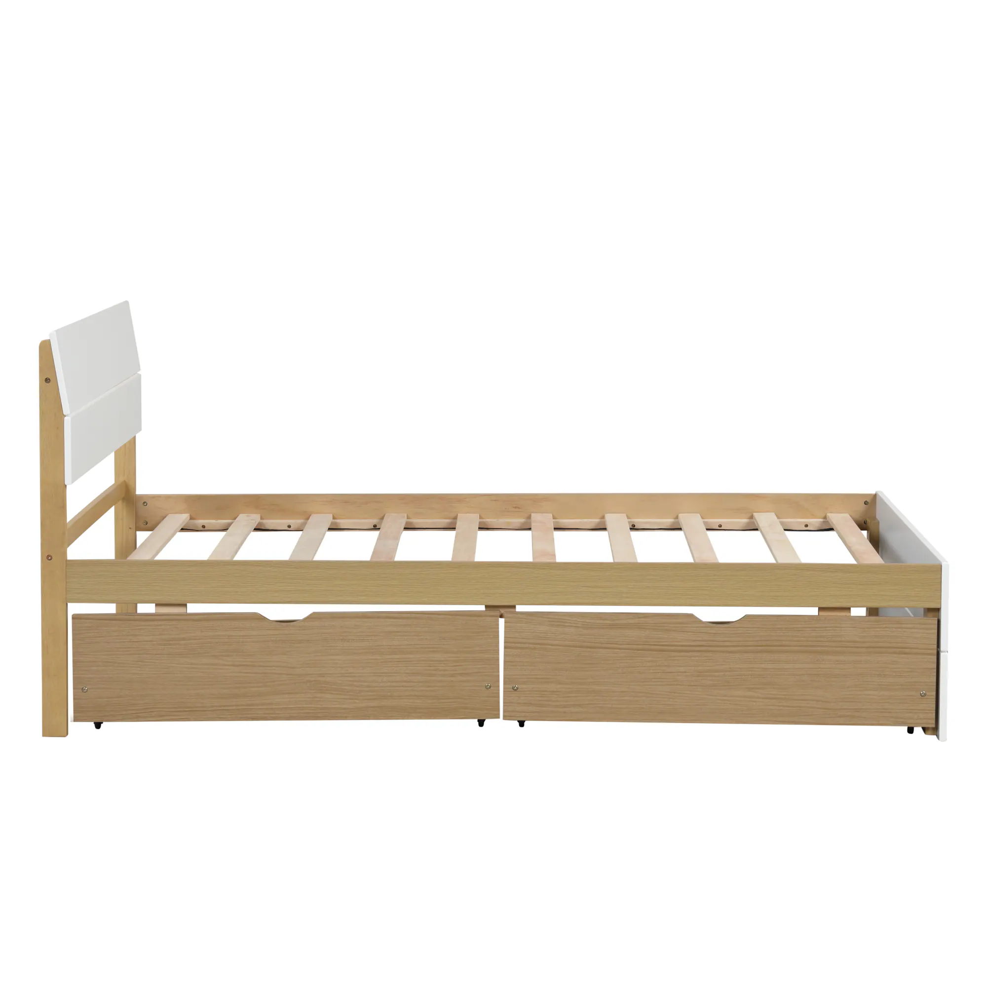 Alt View 7. GOODSILO - Modern Twin Bed Frame with Storage Drawers and High Gloss Finish - White+Light Oak.