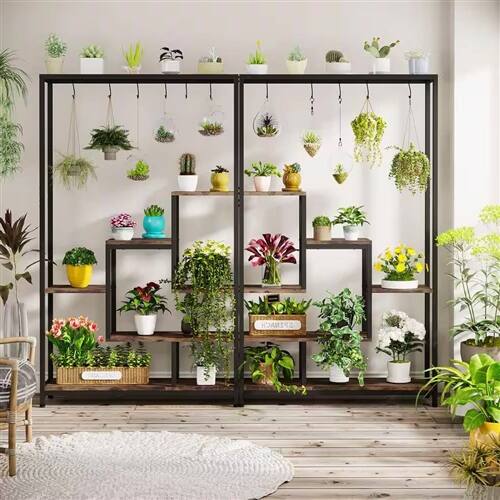 Back. SlickBlue - Metal Wood Indoor Plant Stand with 10 Hooks, Industrial Look - Black, Brown.