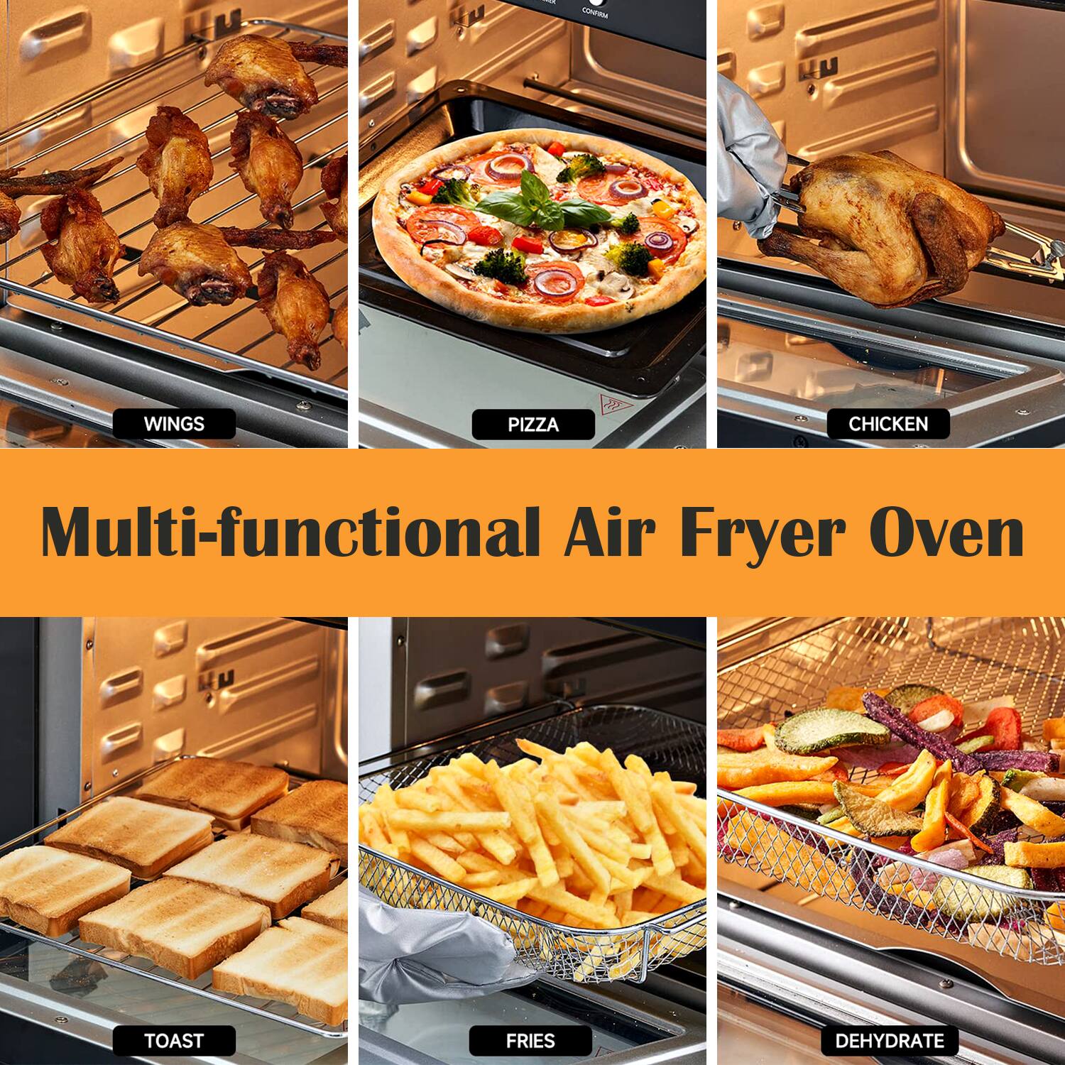 I confirm that the text in the image is:

- WINGS
- PIZZA
- CHICKEN
- TOAST
- FRIES
- DEHYDRATE

The main title is:

- Multi-functional Air Fryer Oven