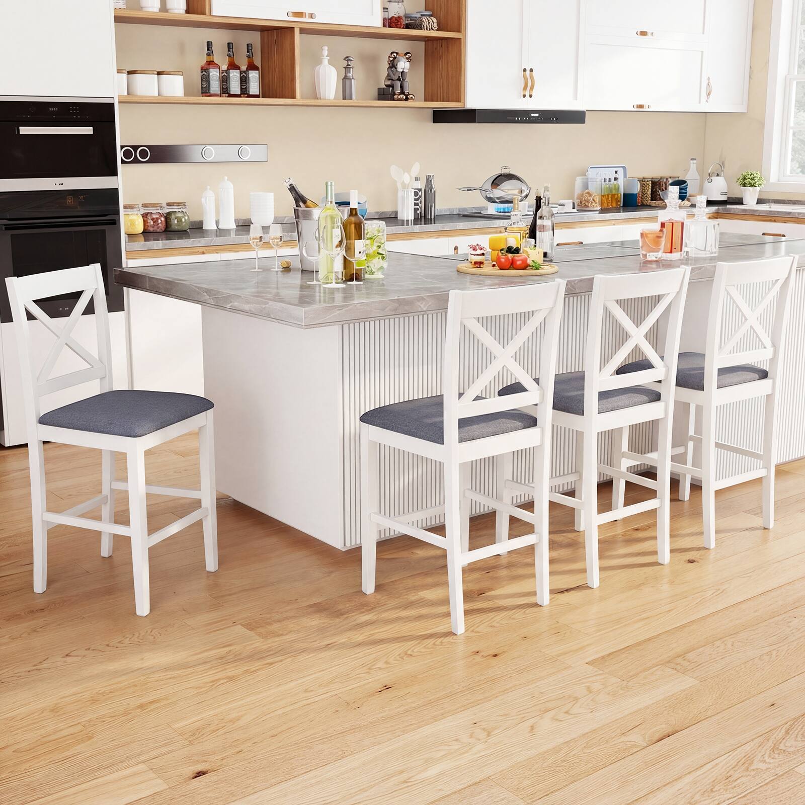Alt View 3. Costway - Costway Rubber Wood X-Back Bar Stools Set of 4 with Upholstered Cushioned Seats & Footrests - White and Gray.