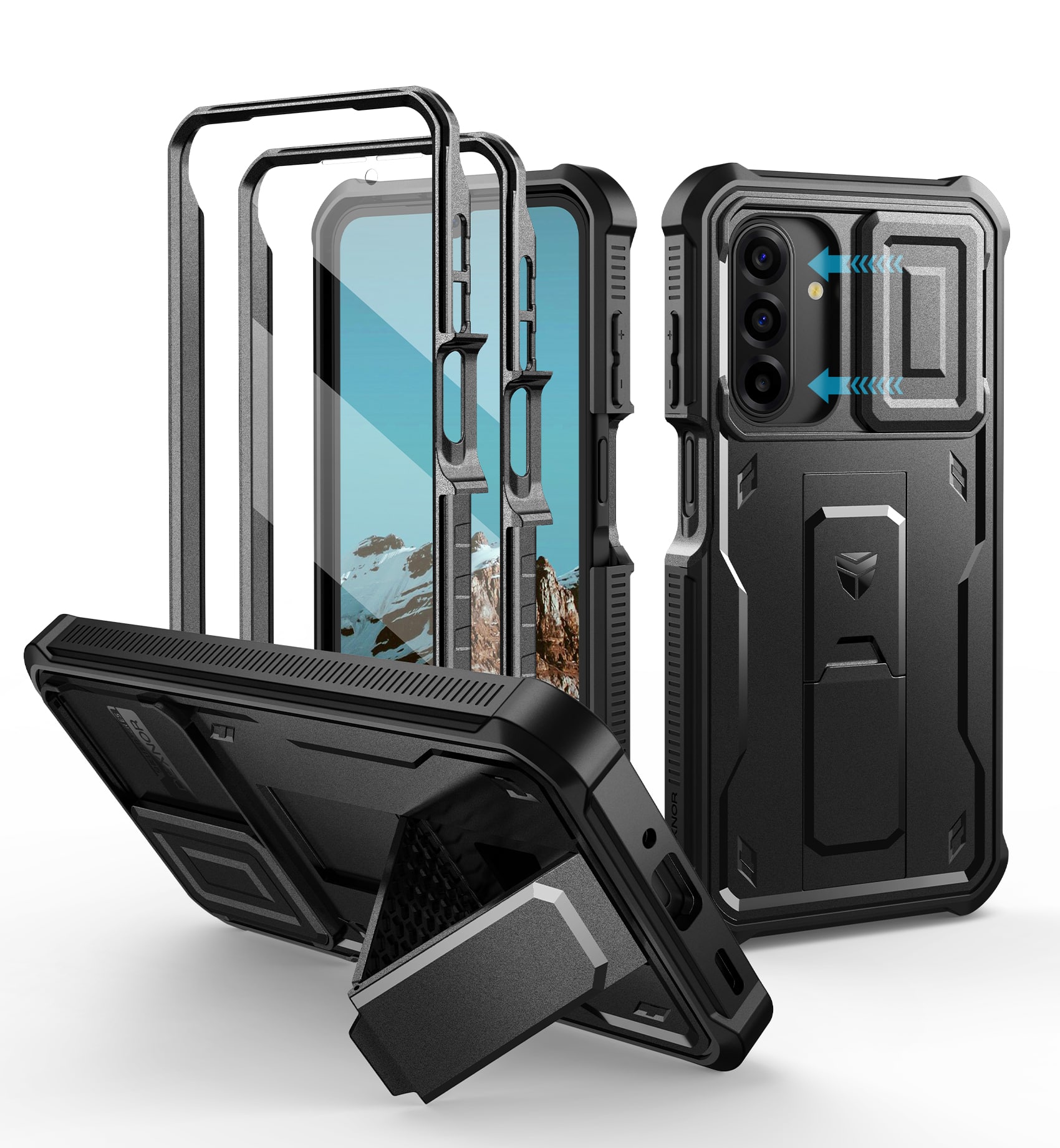 Dexnor - for Samsung Galaxy A17 5G Phone Case with Screen Protector, Slide Camera Cover and Kickstand Shockproof Protective Cover - Black
