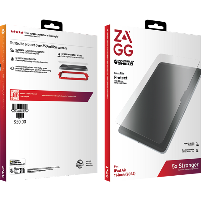 This screen protector is like magic
Trusted to protect over 350 million screens
ULTIMATE SCRATCH PROTECTION
EZ APPLY INSTALLATION
SMUDGE-FREE screen technology eliminates fingerprints
Anti-microbial protects the screen by inhibiting the bacteria and degradation by microorganisms
ZX GG INVISIBLE SHIELD Glass Elite Protect with Strong Tempered Glass
$50.00
For: iPad Air 11-inch (2024)
5x Stronger