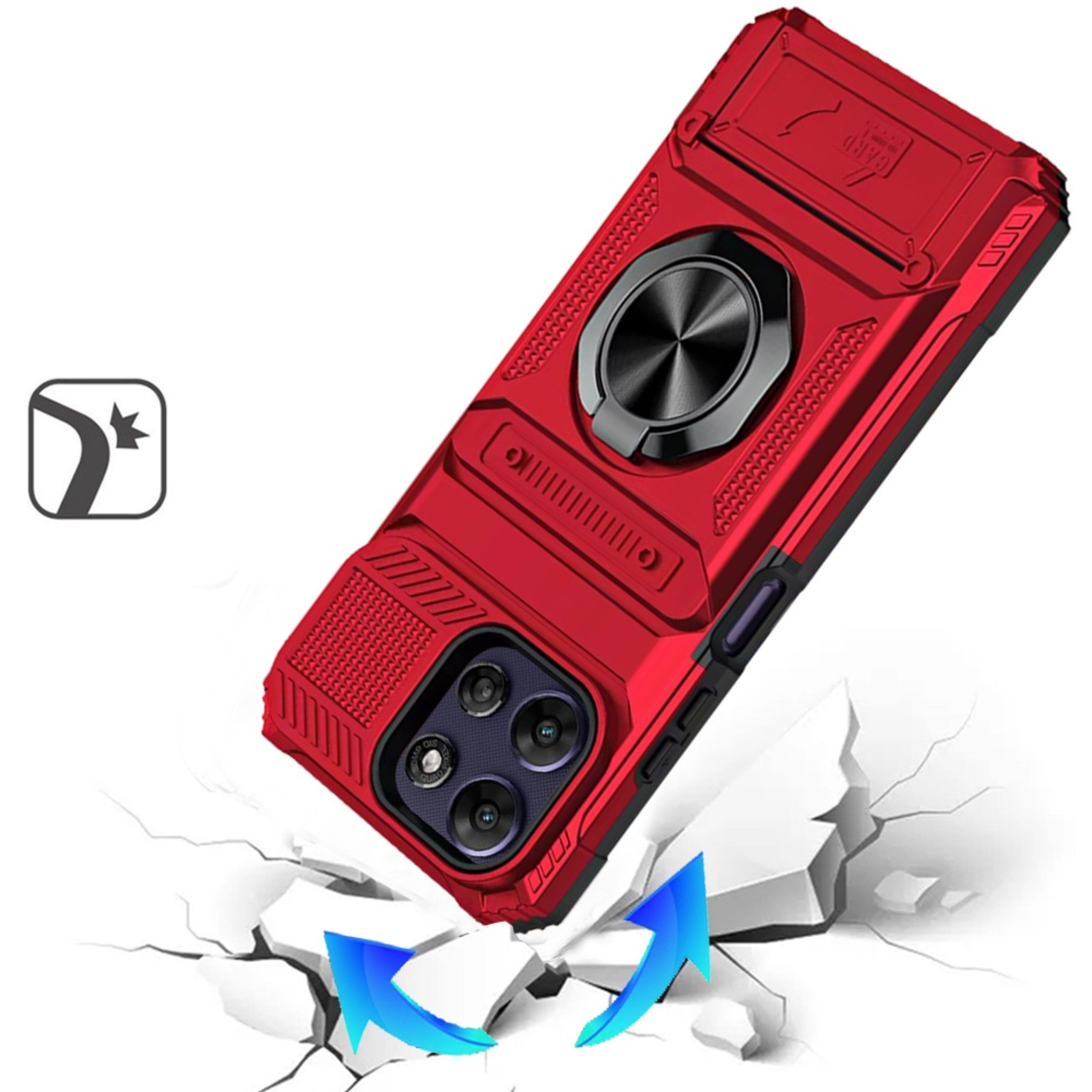 Left. Kitcheniva - Stylish Multi-Purpose Magnetic Ring Holder Case With Tempered Glass For Moto G Power 2024 Red - Red.