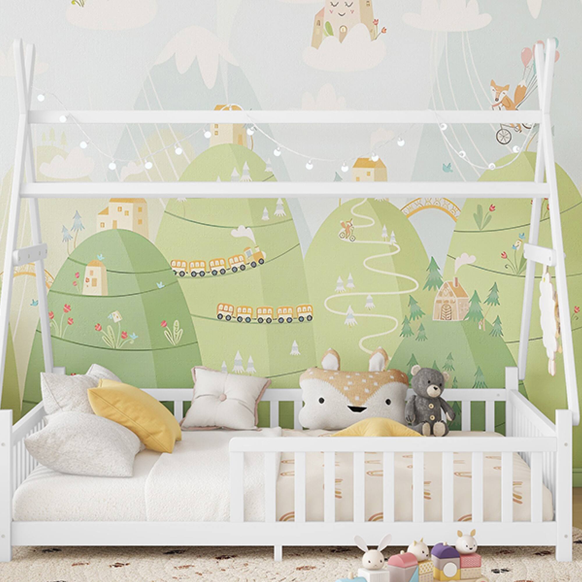 Alt View 5. GOODSILO - Full Size Low Profile House Frame Bed with Detachable Roof and LED Light Kit for Children's Bedroom - White.