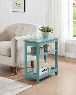 Kings Brand Furniture - Slim Wood Side End Table with Storage Shelves & Pull-Out Tray - Dark Green