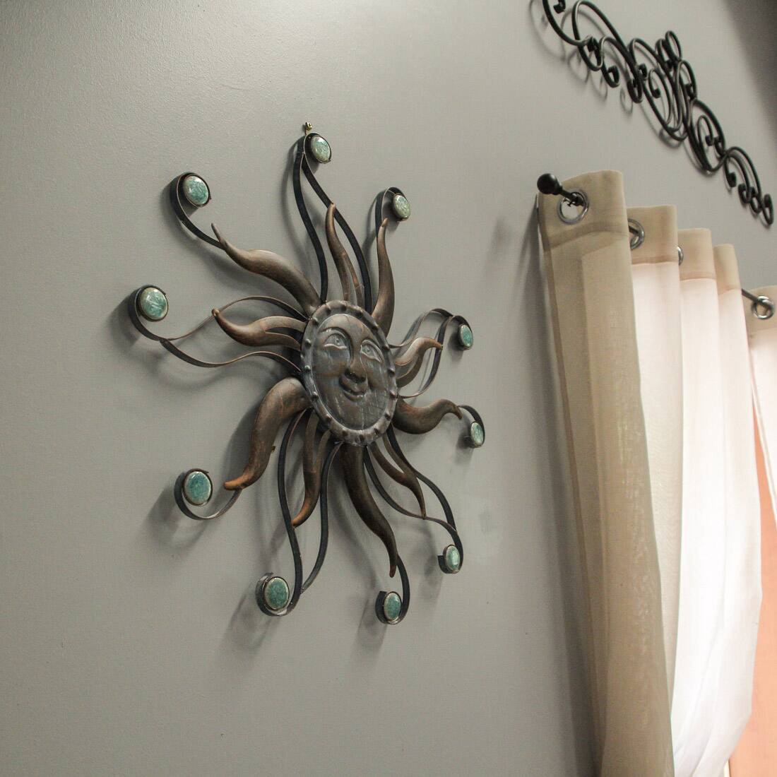 Alt View 5. Zeckos - Antique Copper Finish Metal Sun Face Wall Hanging With Ceramic Bead Accents - Blue.