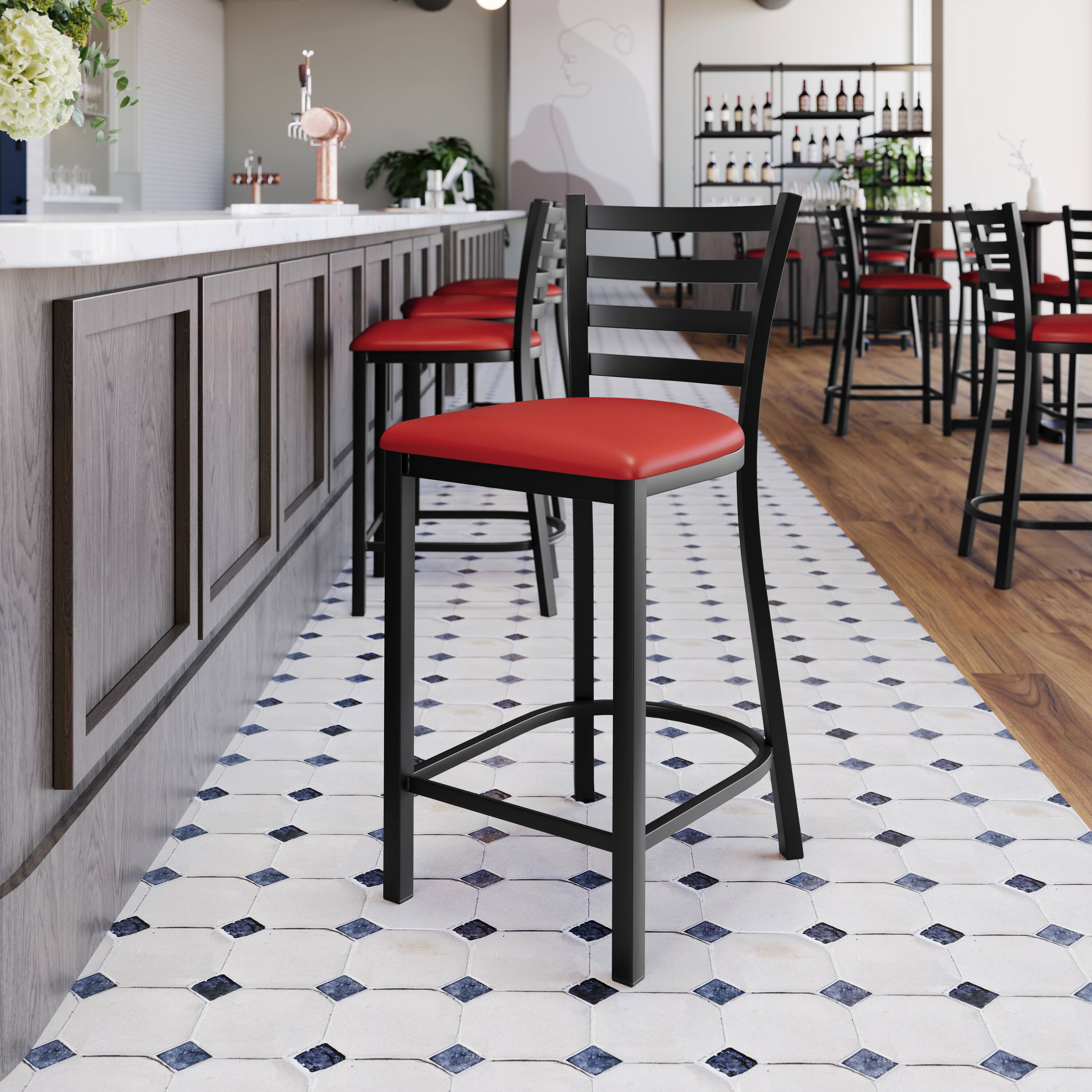 Alt View 4. Emma + Oliver - Ladder Back Metal Restaurant Counter Stool - Upholstered Seat - Red Vinyl Seat/Black Metal Frame.