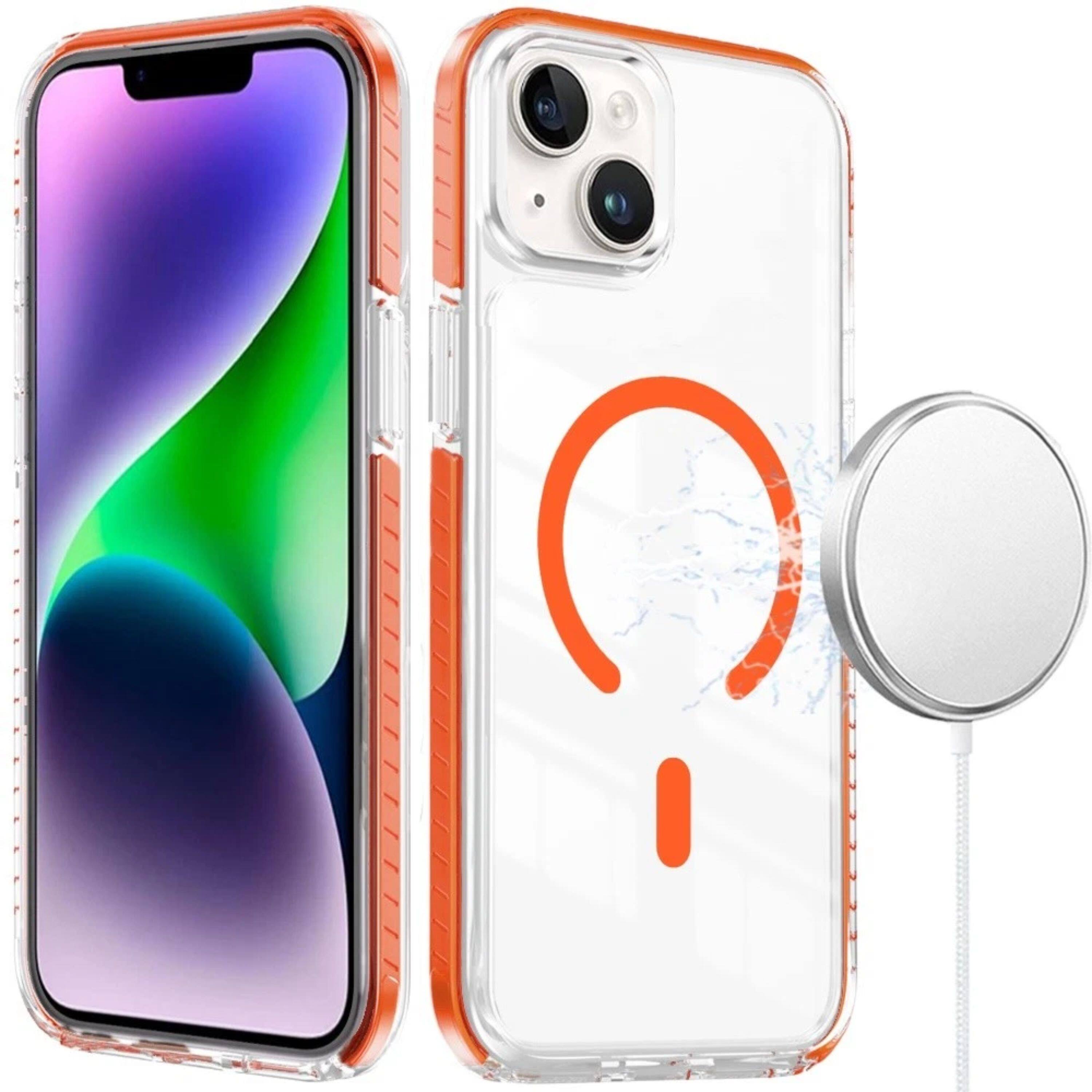 Angle. Kitcheniva - Magnetic Circle With Colored Edge Trim Plus Tempered Glass For iPhone 13/14 Clear/Cosmic Orange - Cosmic Orange.