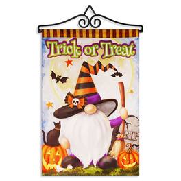 G128 - Combo Pack Garden Flag Hanger 14in & 12x18 Double-Sided Blockout Flag, Trick or Treat Witch Hat Gnome with Broom - Multicolor
