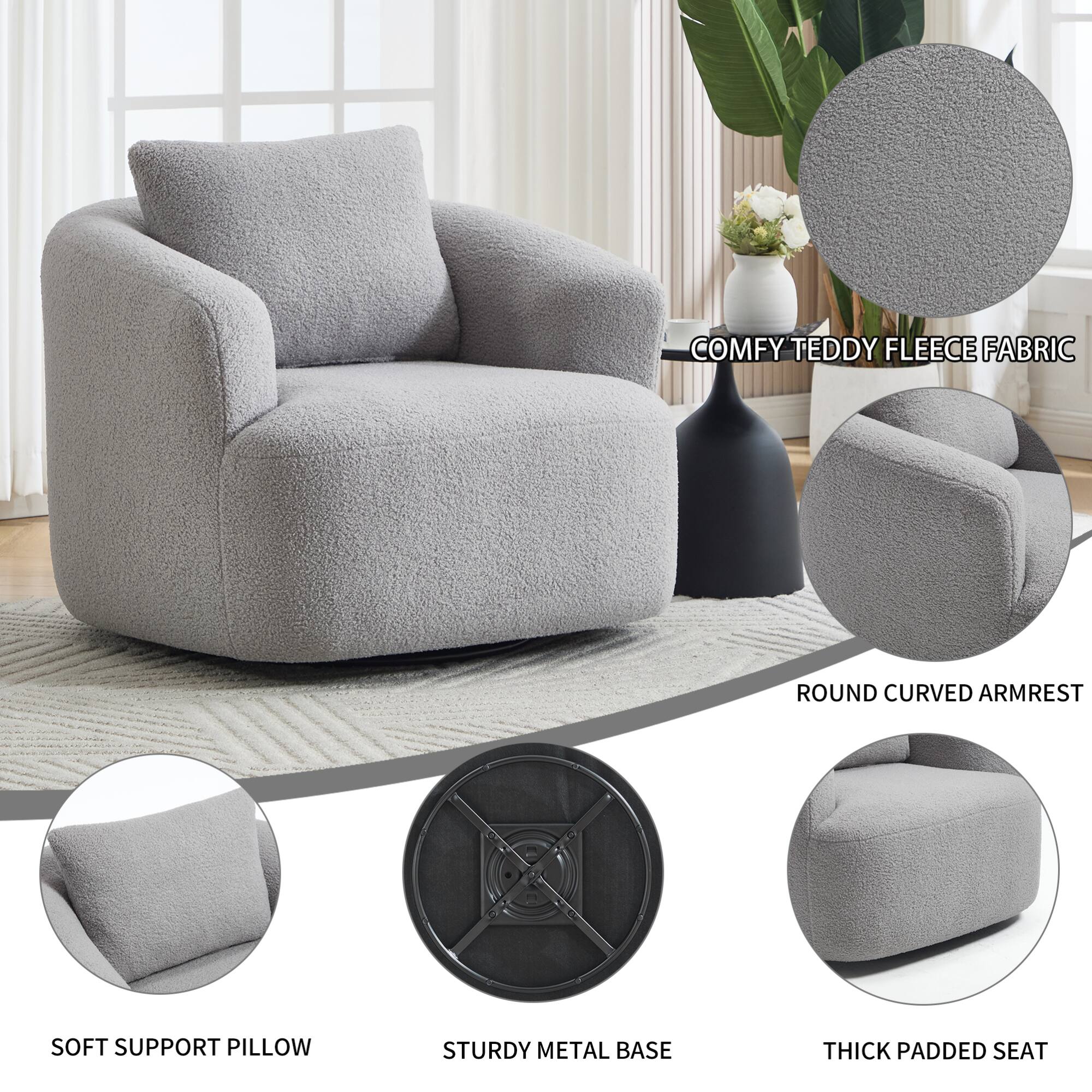 - COMFY TEDDY FLEECE FABRIC
- ROUND CURVED ARMREST
- SOFT SUPPORT PILLOW
- STURDY METAL BASE
- THICK PADDED SEAT