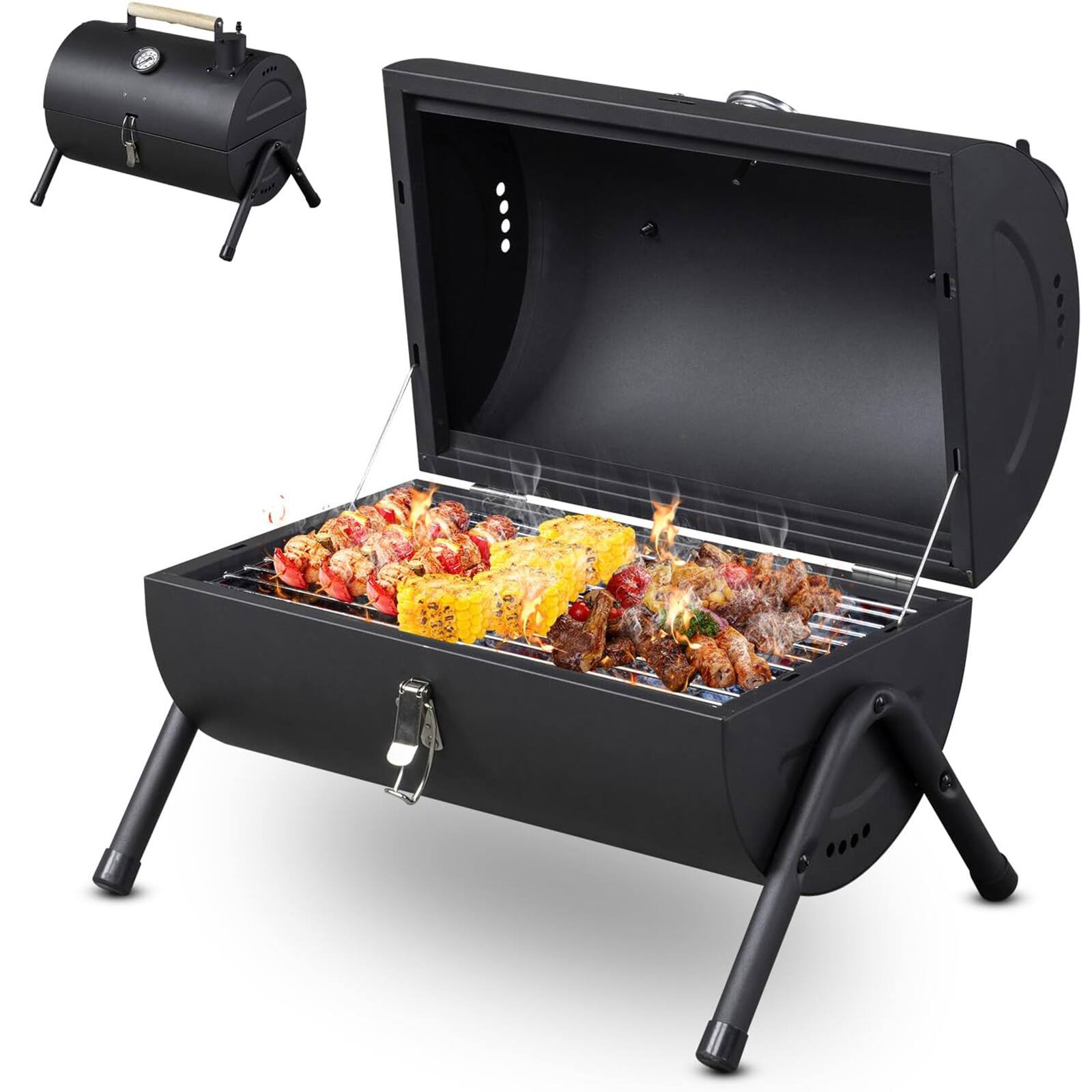 Front. Chateau Abodes - Portable Charcoal Grill with Thermometer & Wooden Handle, Compact Metal Tabletop for Camping, Picnic & Patio - Black.
