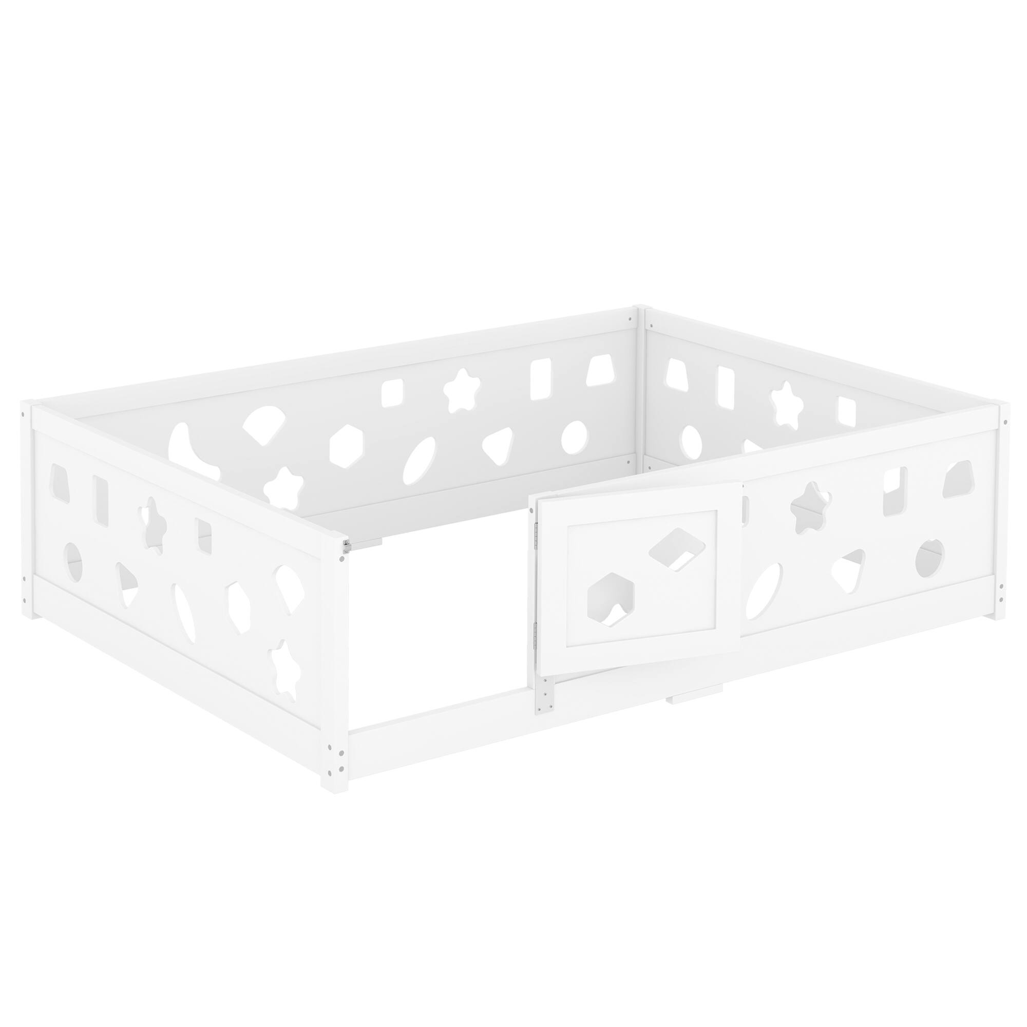 Alt View 5. Tiramisubest - Full Size Floor Bed with Heightened Safety Guardrails and Door, Solid Wood Bedframe with Rails No Slats Included, White - White.
