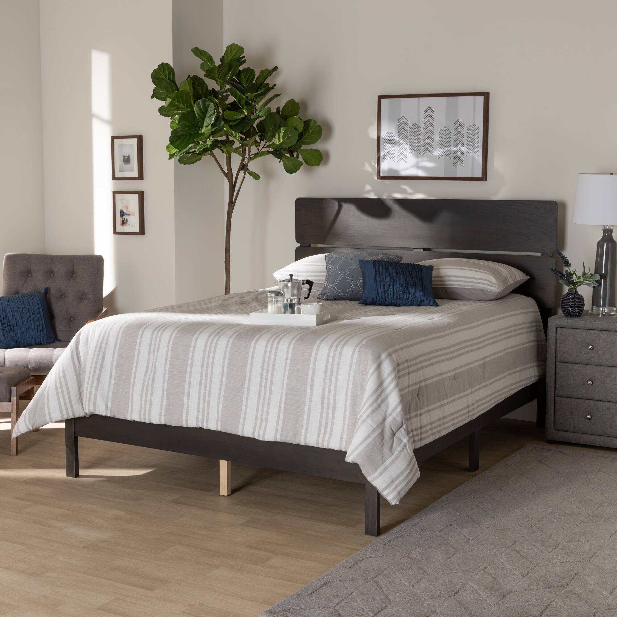 Alt View 2. Baxton Studio - Anthony Modern and Contemporary Oak Finished Wood Panel Bed - Dark Greyish Oak.