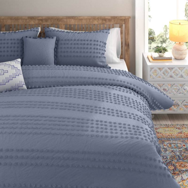 Angle. Hivvago - King size 5-Piece 100-Percent Cotton Clip Dot Boho Comforter Set in Denim Blue - Denim Blue.