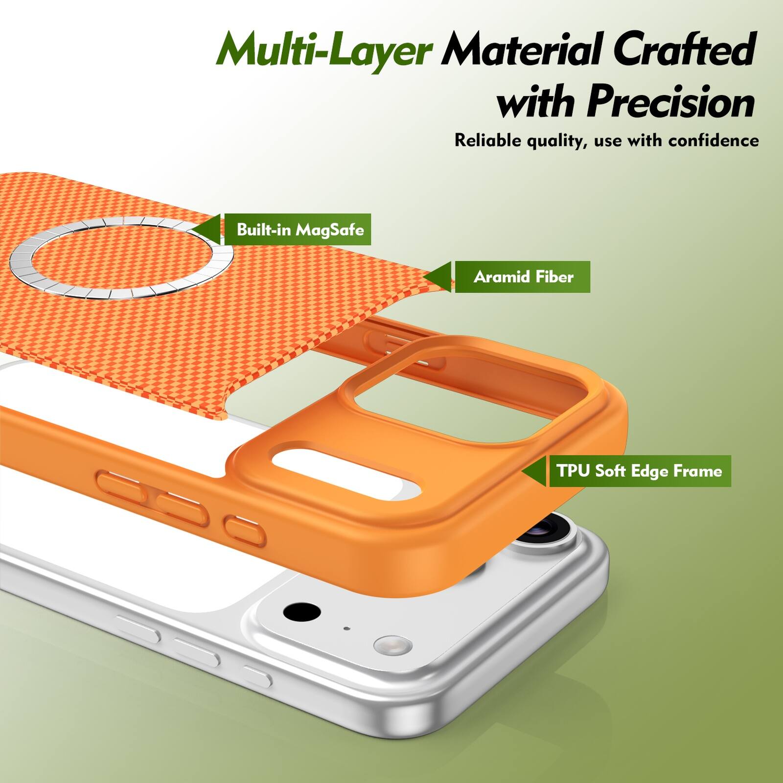 Multi-Layer Material Crafted with Precision  
Reliable quality, use with confidence  

- Built-in MagSafe  
- Aramid Fiber  
- TPU Soft Edge Frame