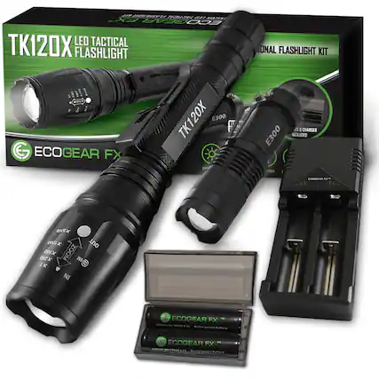 TK120X LED TACTICAL FLASHLIGHT KIT
ECOGEAR FX TK120X
E300 CHARGER INCLUDED
18650 BATTERIES INCLUDED
ZOOM
ECOGEAR FX