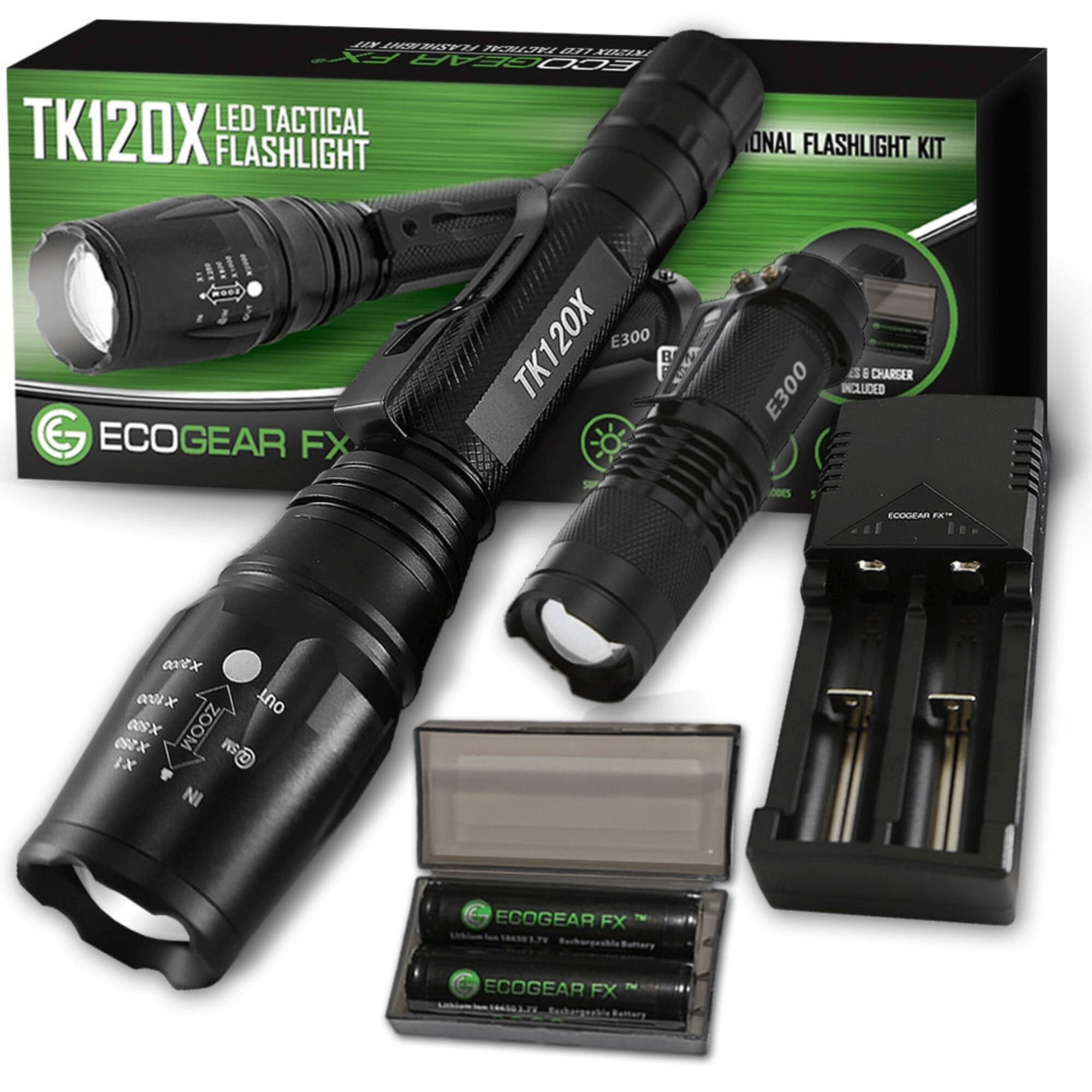 TK120X LED TACTICAL FLASHLIGHT KIT  
ECOGEAR FX TK120X  
E300 CHARGER INCLUDED  
18650 BATTERIES INCLUDED  
ZOOM  
ECOGEAR FX